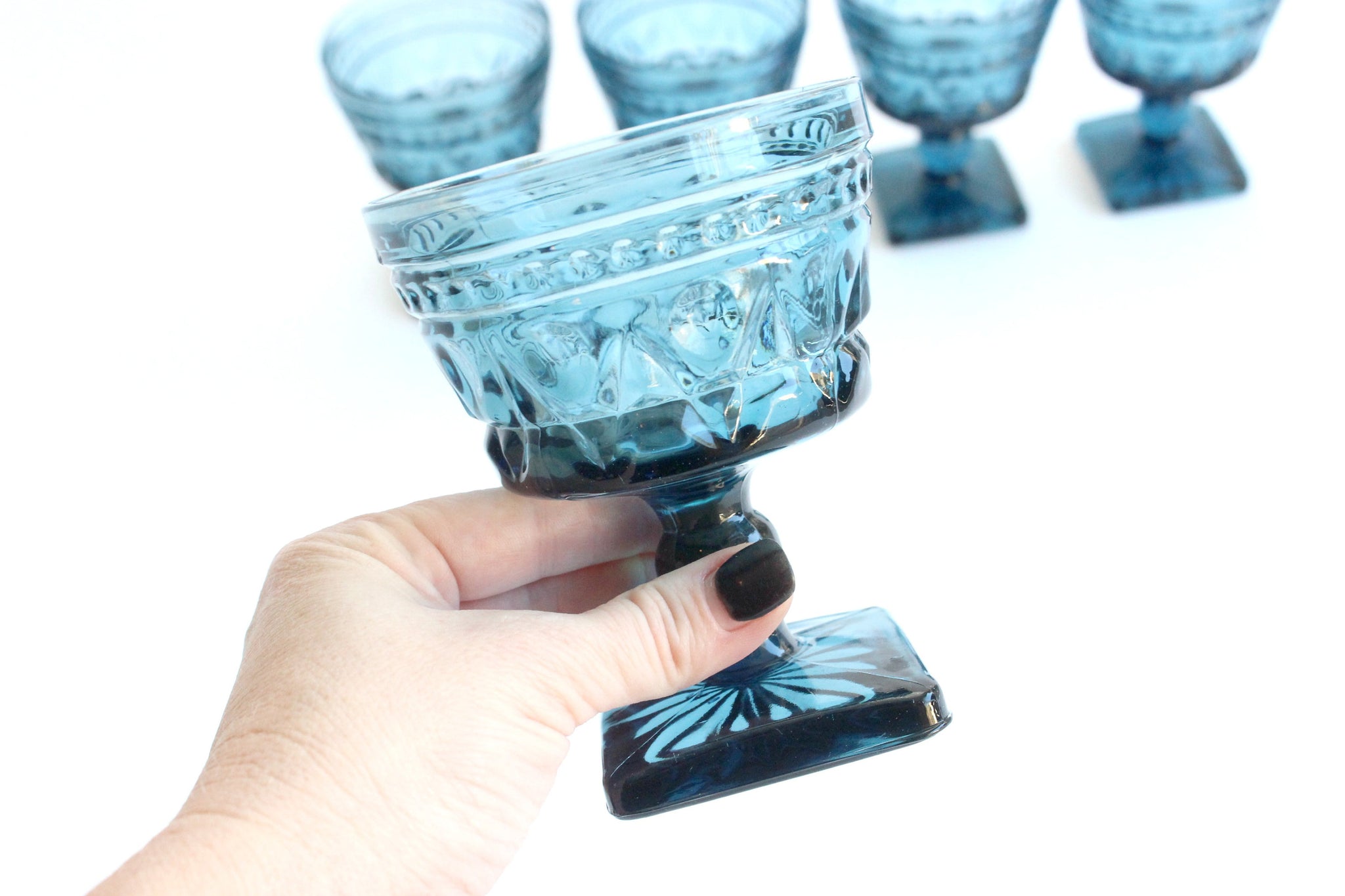 Vintage Blue Glassware, Ice Cream Bowls, Pedestal Cups