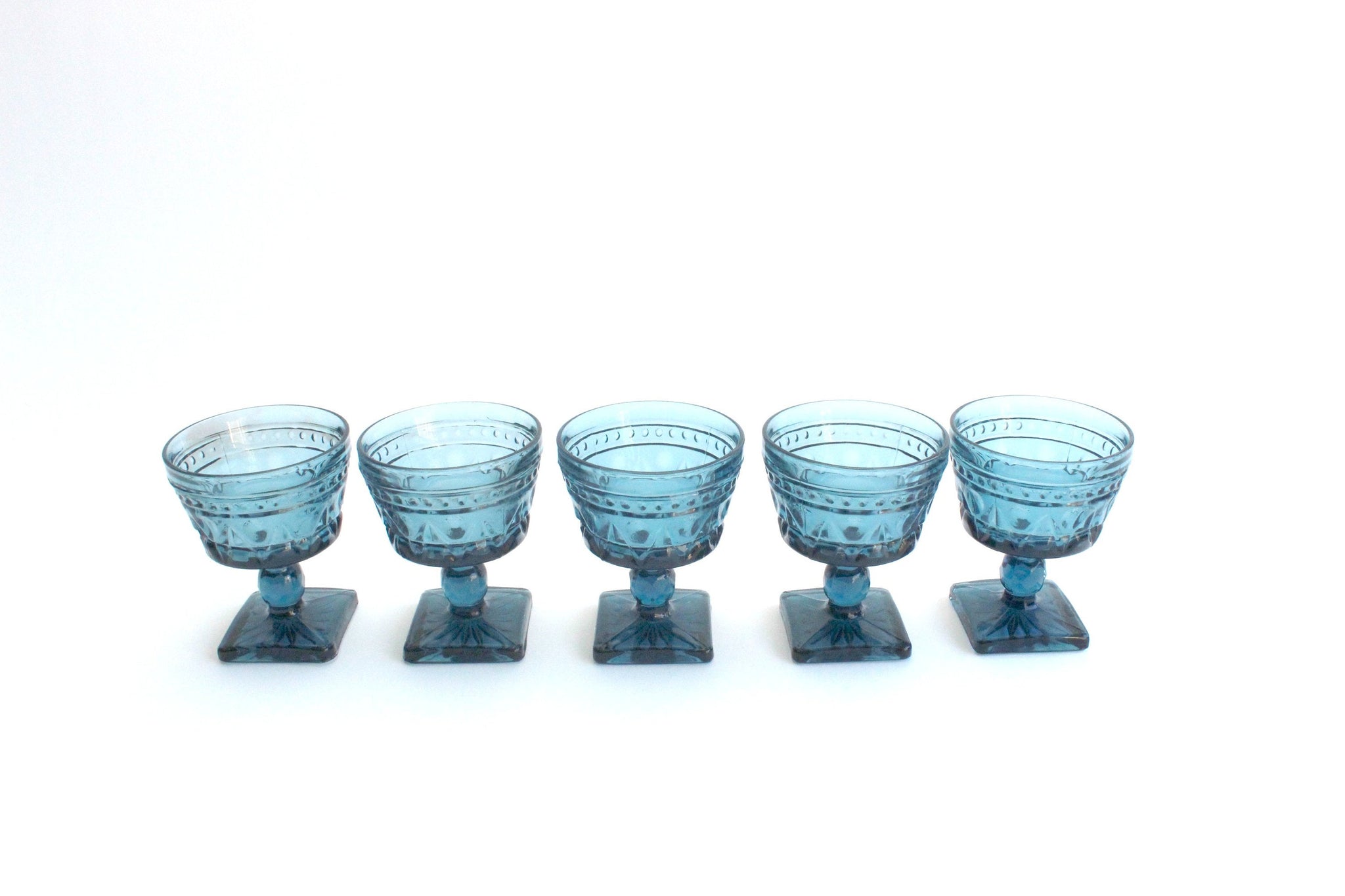 Vintage Blue Glassware, Ice Cream Bowls, Pedestal Cups