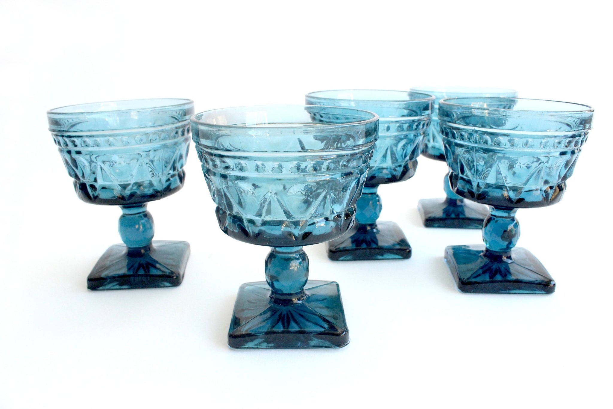 Vintage Blue Glassware, Ice Cream Bowls, Pedestal Cups