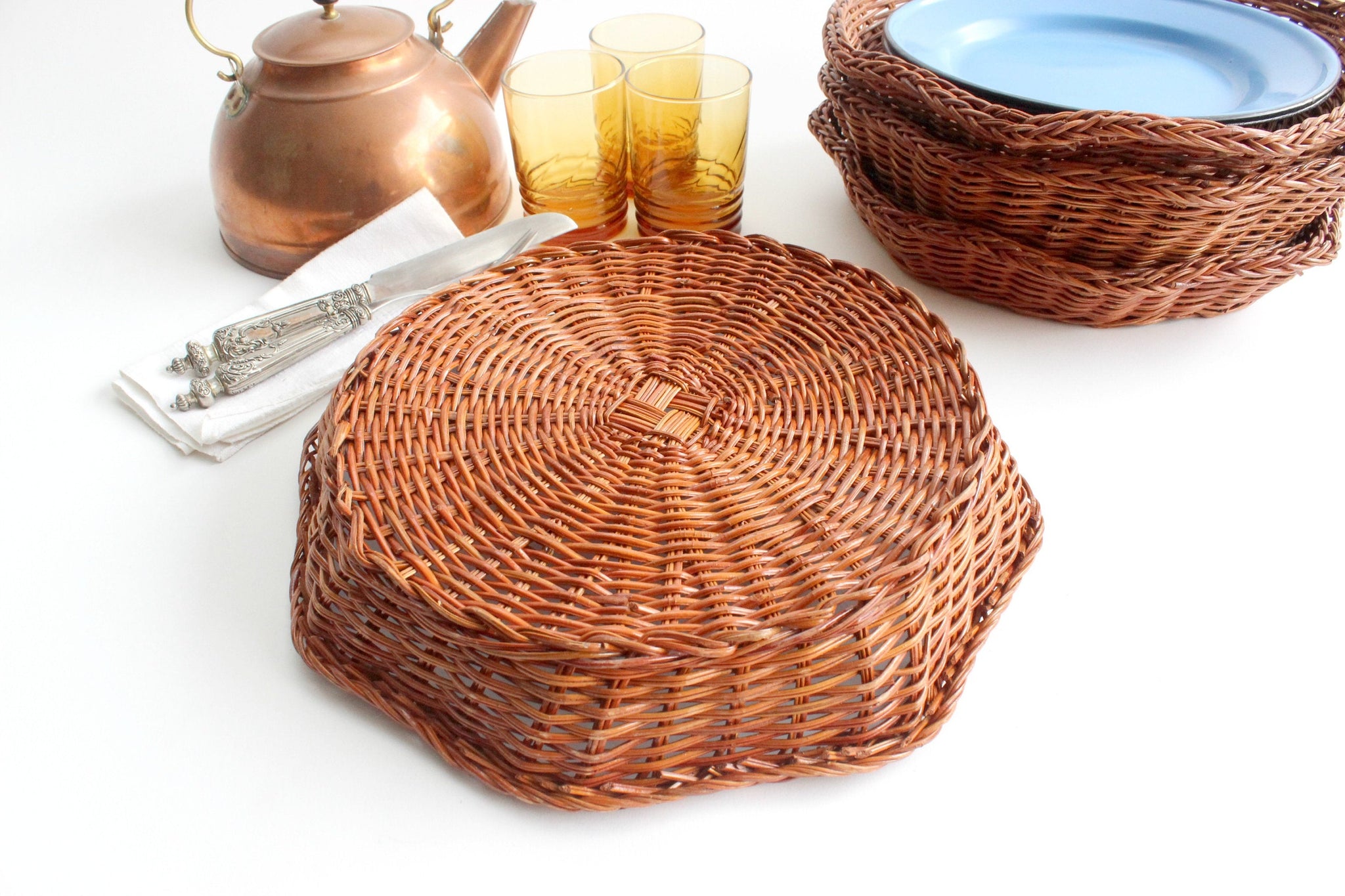 Vintage Wicker Plate Chargers, Natural Woven Plate Holders