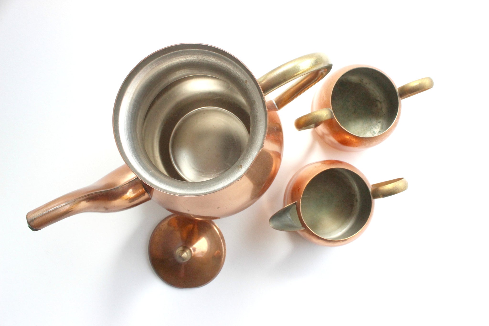 Vintage Copper Tea Set, Teapot, Creamer & Sugar Dish