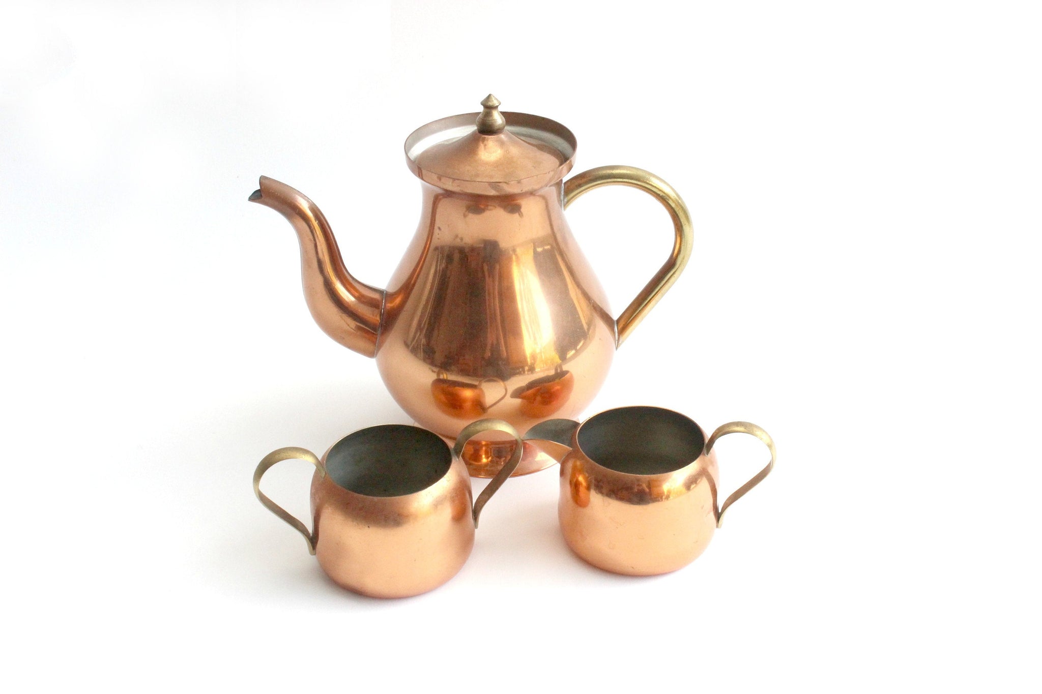 Vintage Copper Tea Set, Teapot, Creamer & Sugar Dish