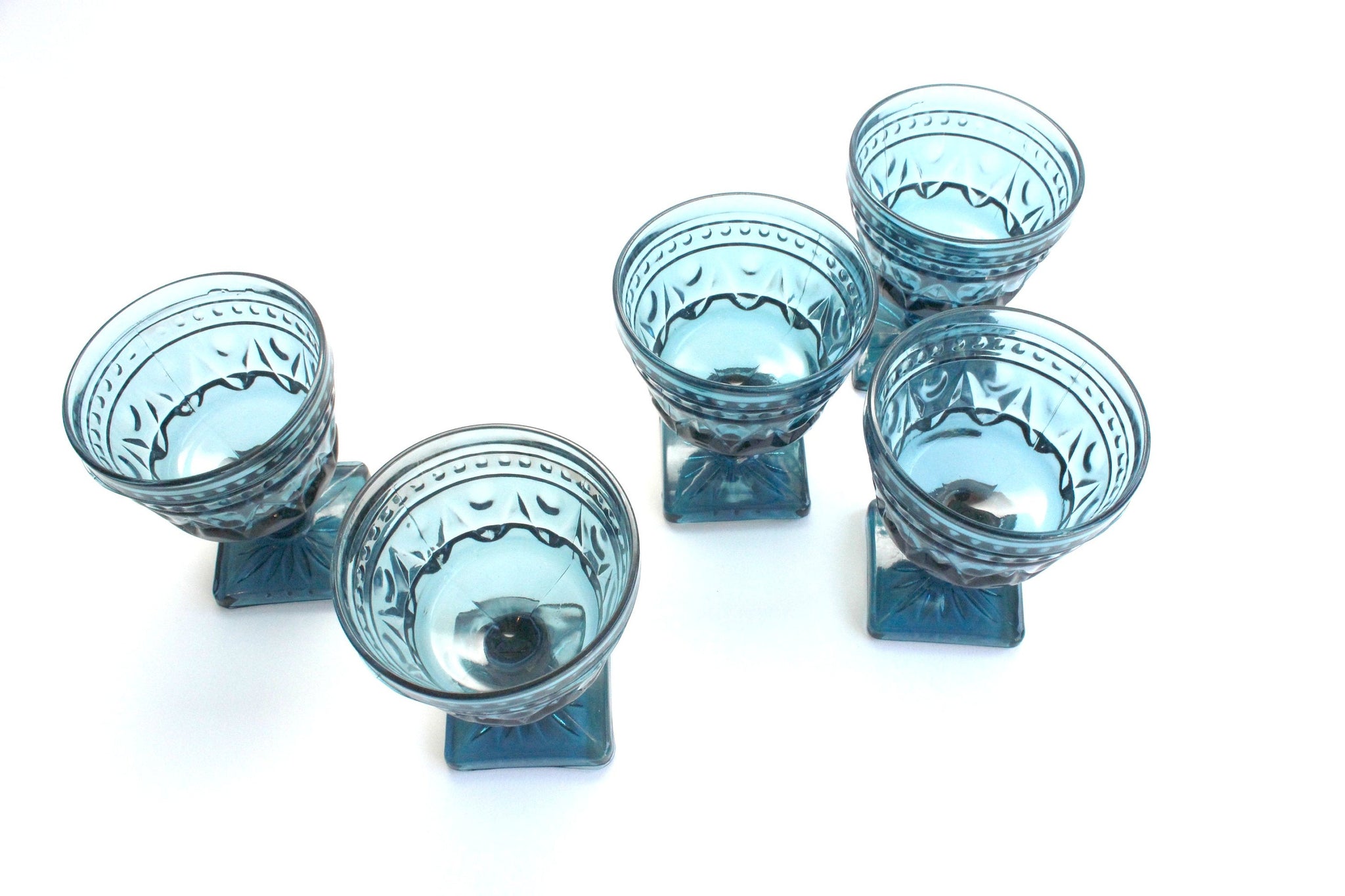 Vintage Blue Glassware, Ice Cream Bowls, Pedestal Cups