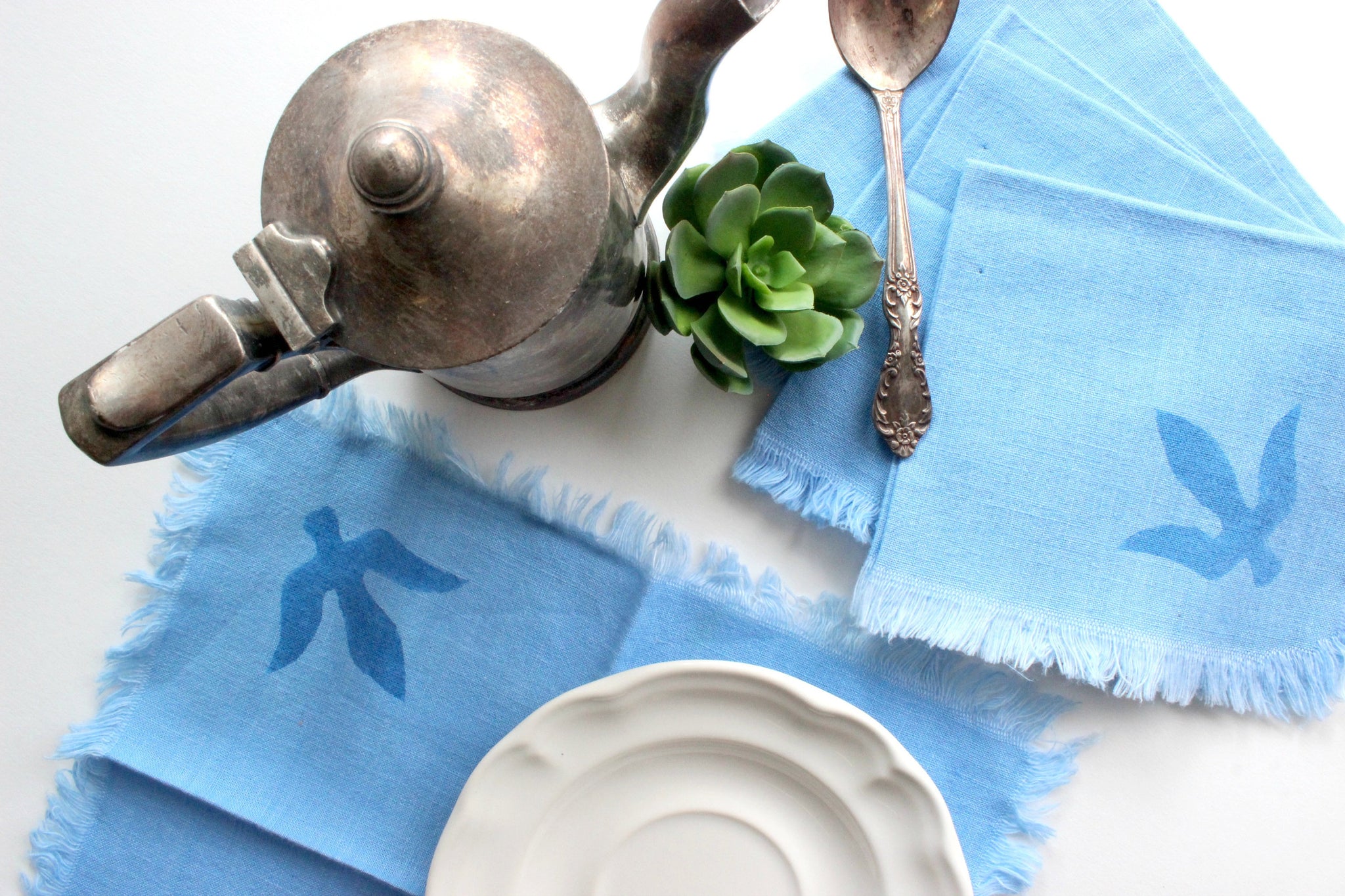 Vintage Handmade Cotton Napkins, Set of 6 Blue Cloth Napkins