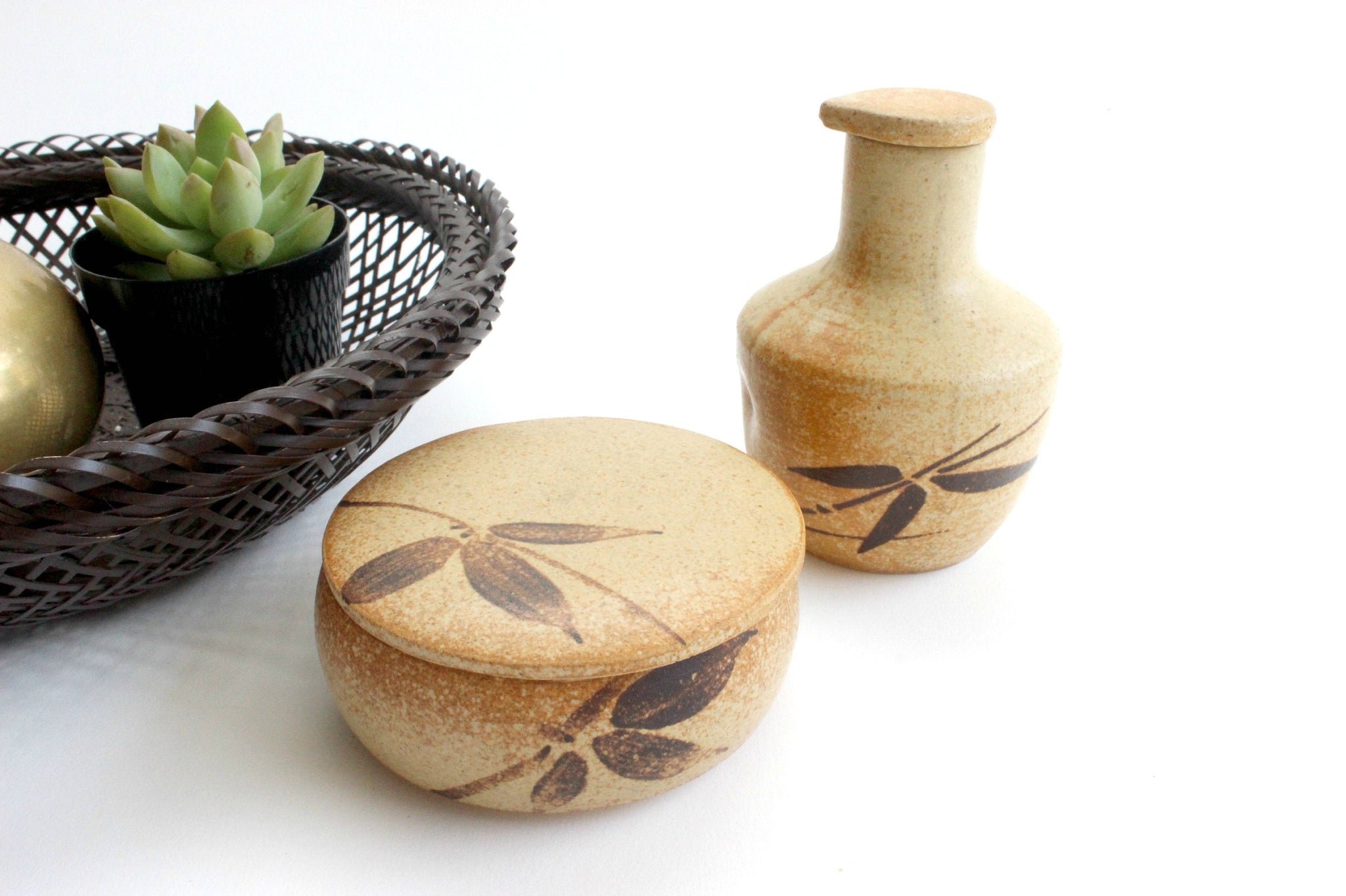 Vintage Japanese Condiment Serving Set, Hand Painted Stoneware, Servingware