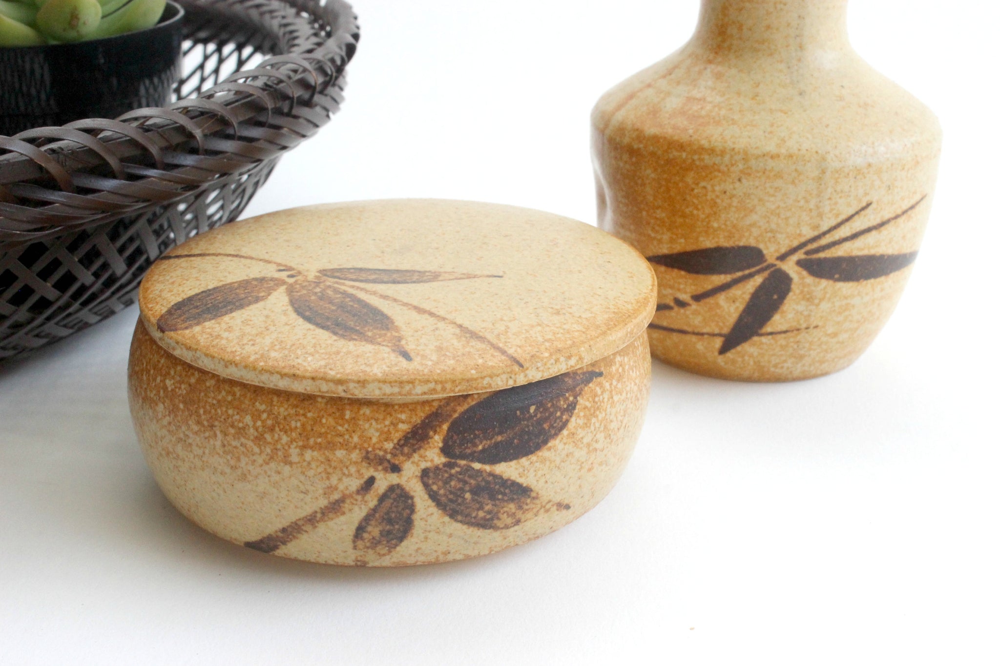Vintage Japanese Condiment Serving Set, Hand Painted Stoneware, Servingware