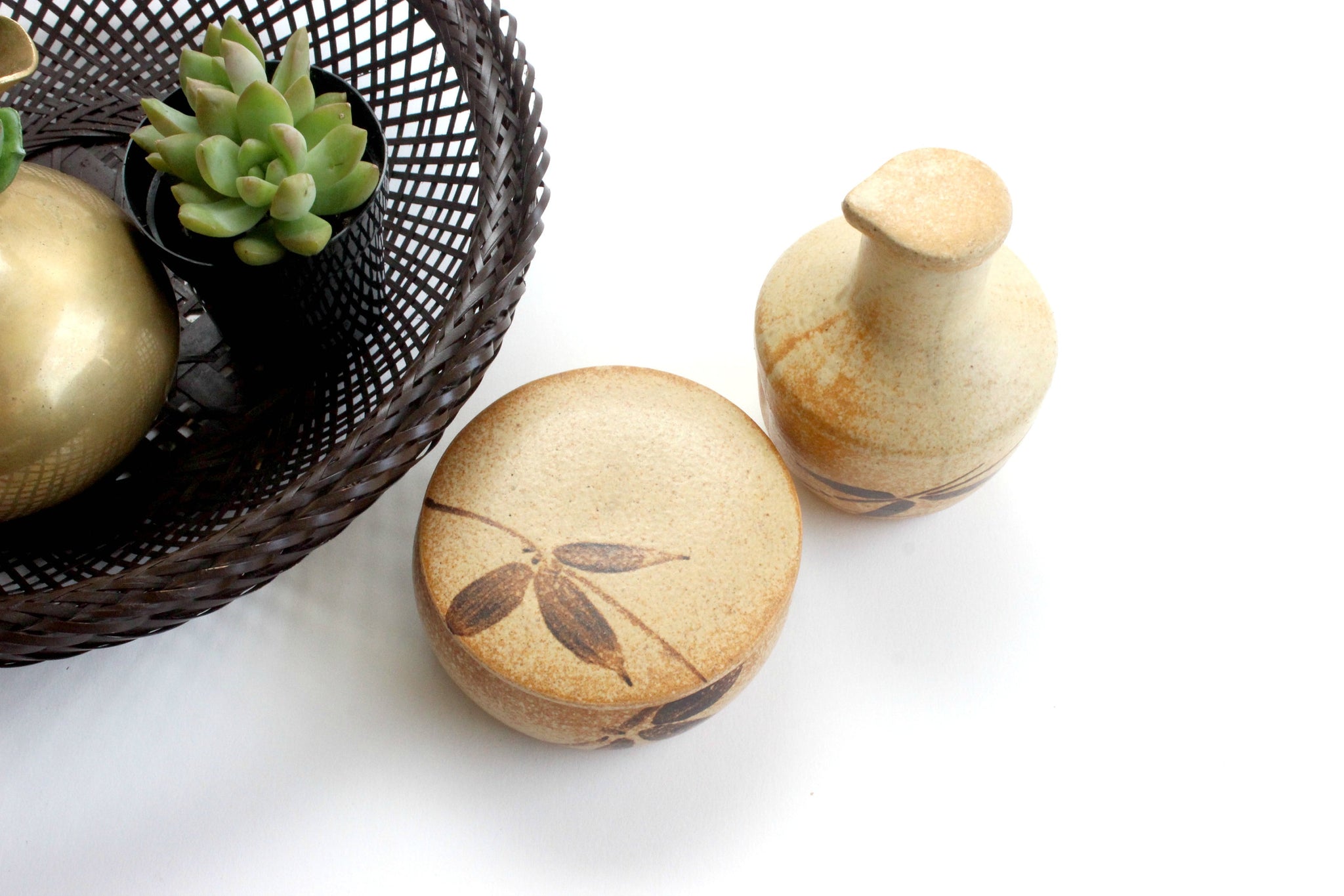 Vintage Japanese Condiment Serving Set, Hand Painted Stoneware, Servingware