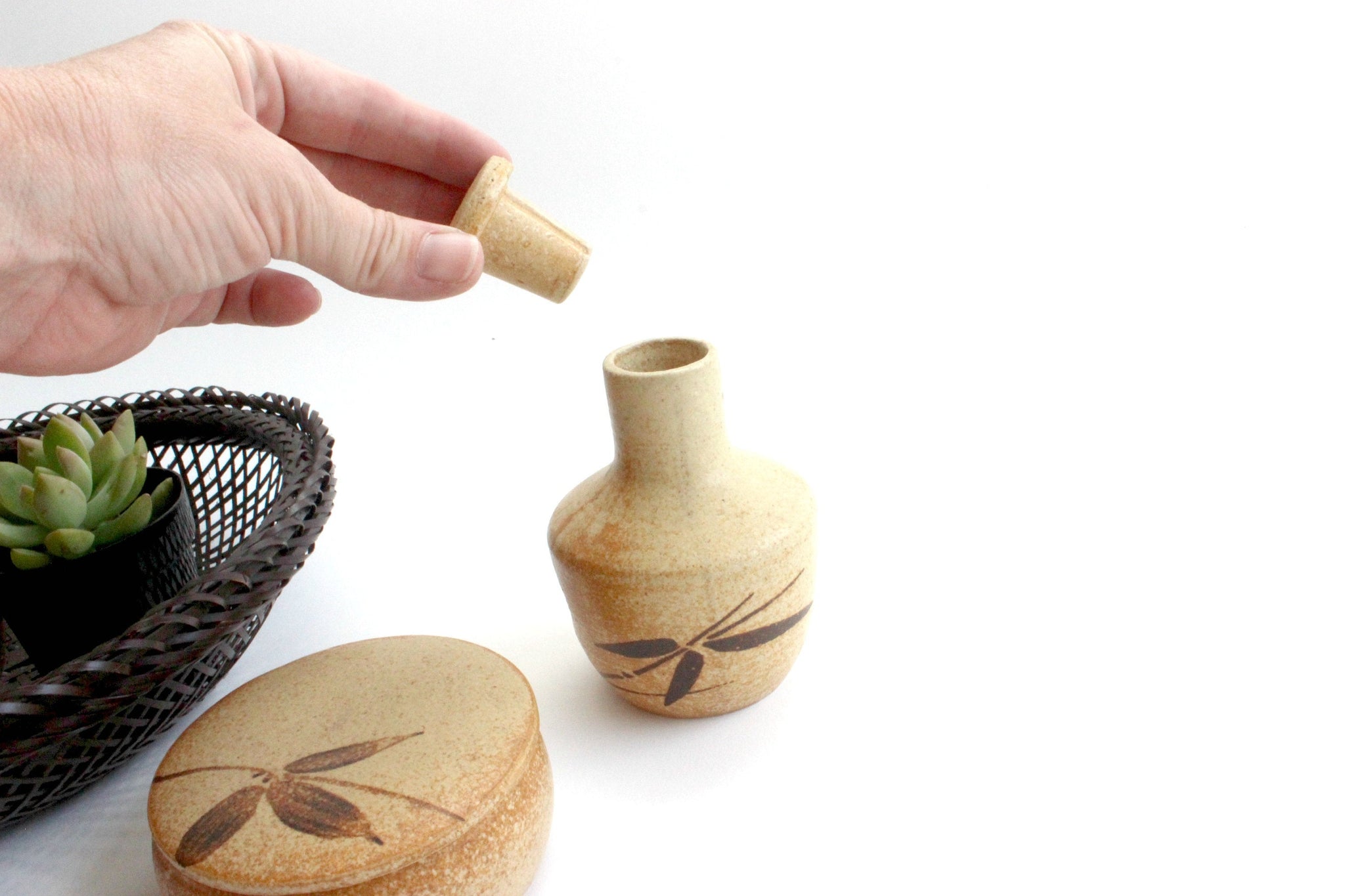 Vintage Japanese Condiment Serving Set, Hand Painted Stoneware, Servingware