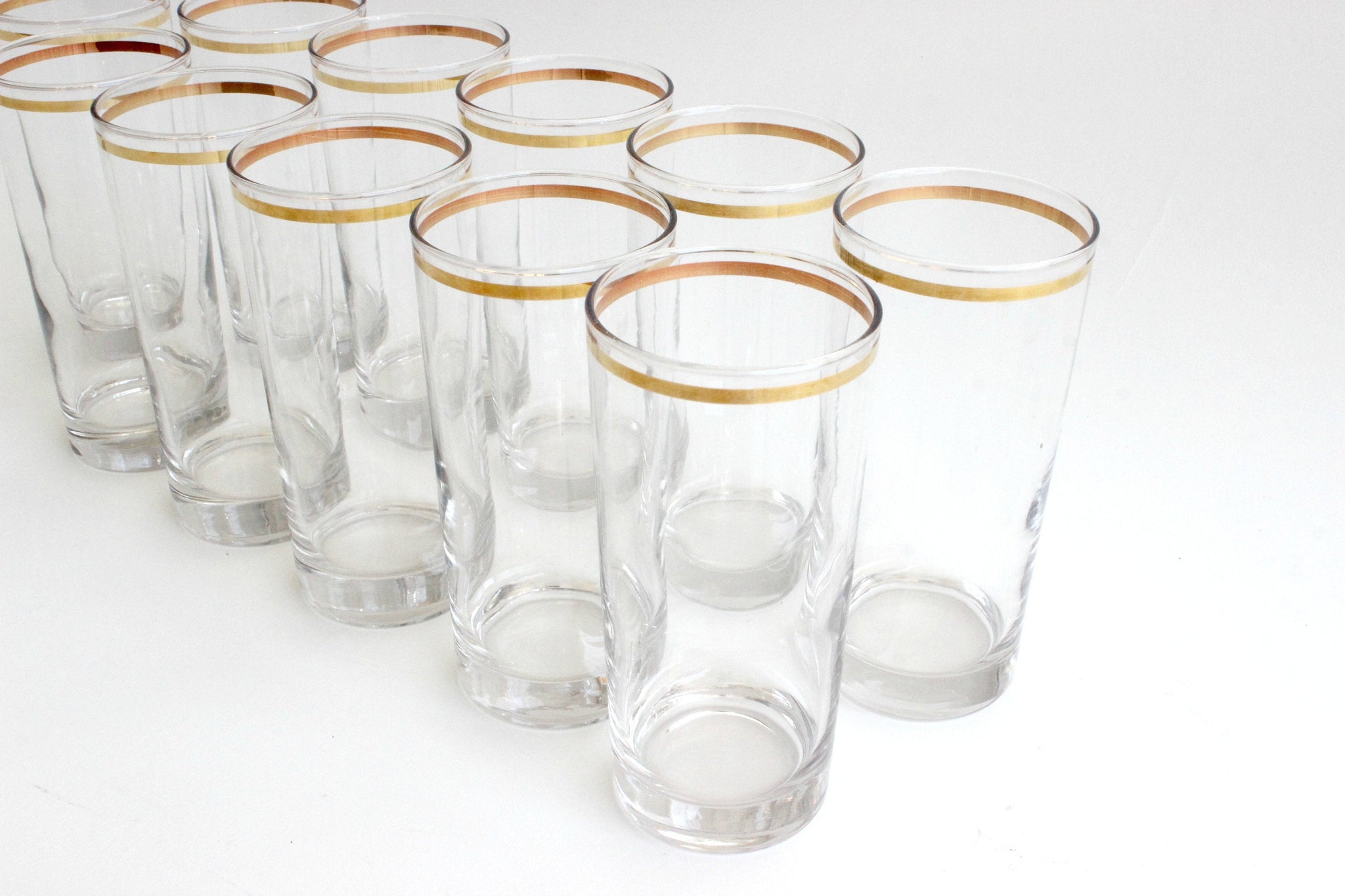 Vintage High Ball Glasses, Set of 11 - Mid Century Tumblers with Gold Trim, Water Glasses