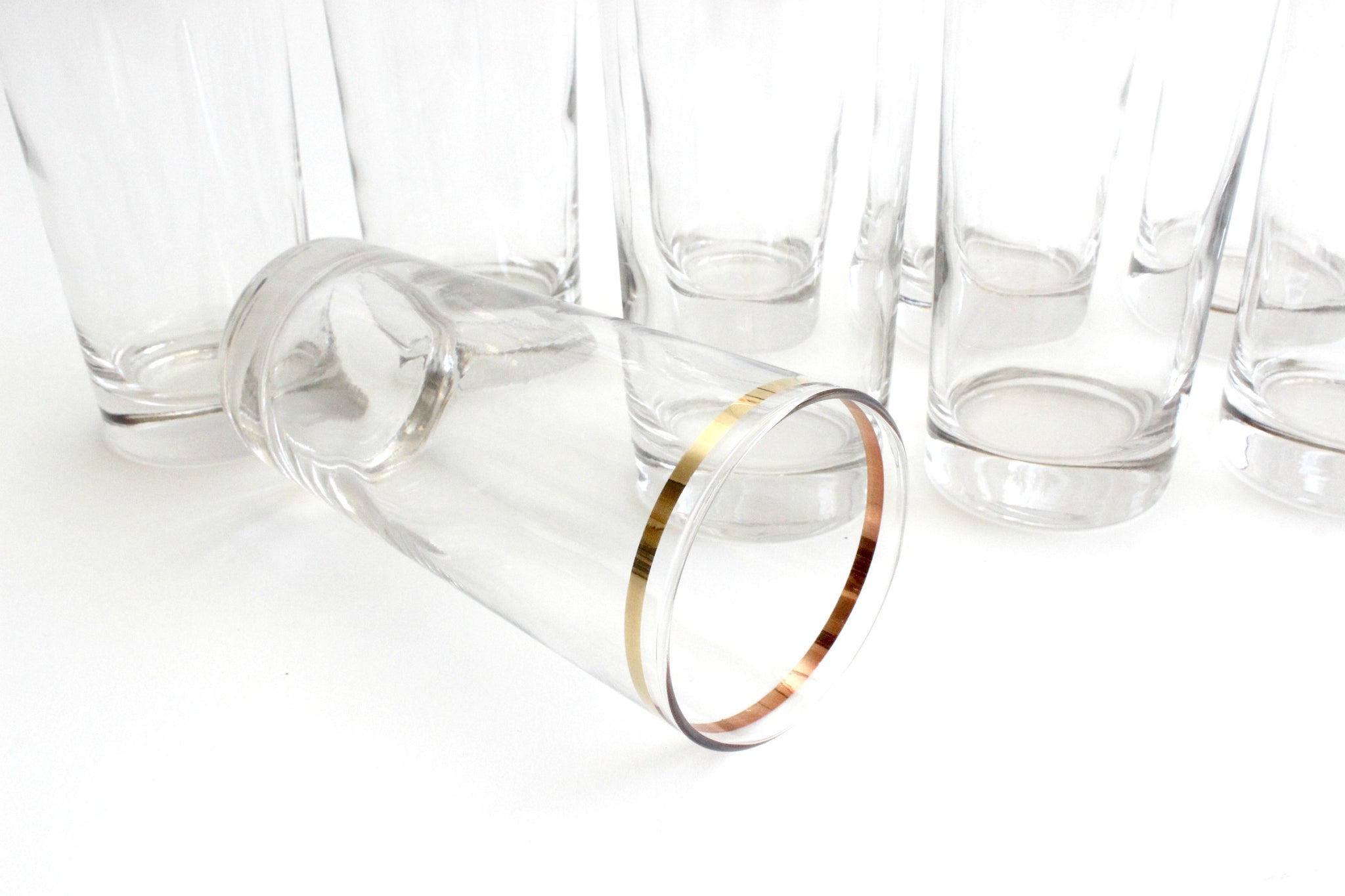 Vintage High Ball Glasses, Set of 11 - Mid Century Tumblers with Gold Trim, Water Glasses