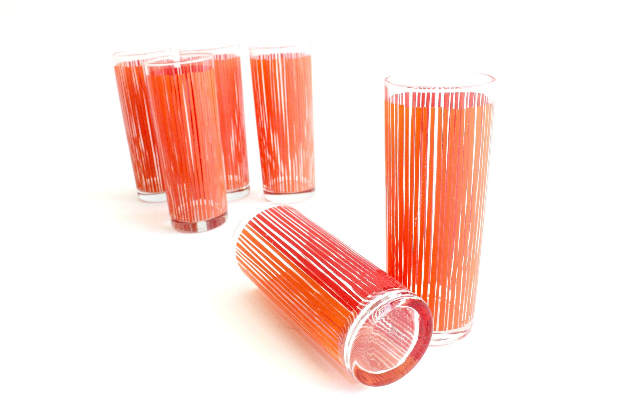 Set of 6 Orange & Red Drinking Glasses, 1970's Modern Water Tumblers, Skinny High Ball Glasses