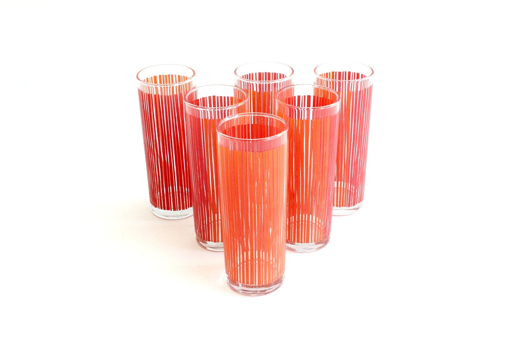Set of 6 Orange & Red Drinking Glasses, 1970's Modern Water Tumblers, Skinny High Ball Glasses