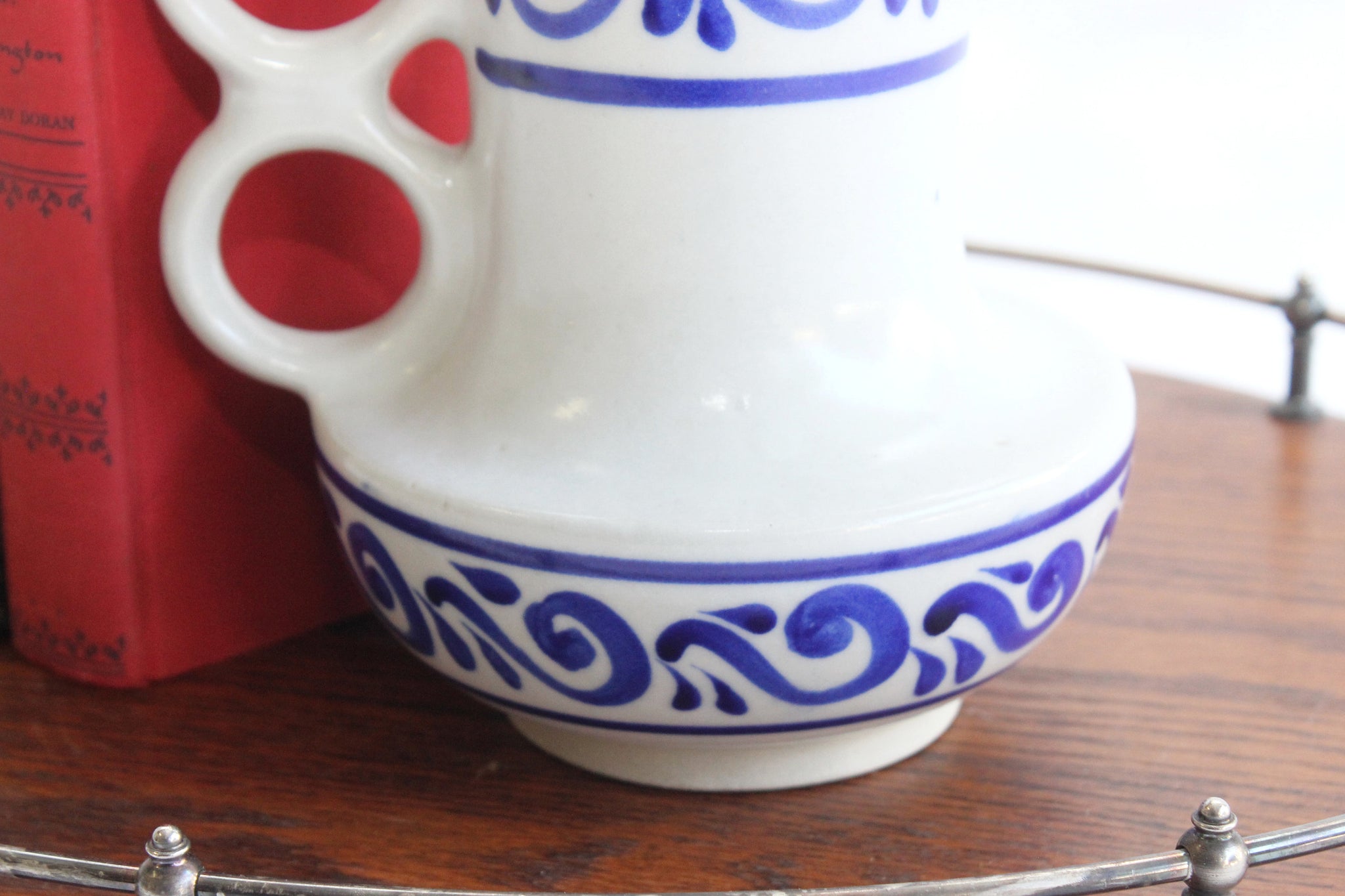 Mexican Stoneware Pitcher, Hand Painted Ceramic Vase, Blue & White Pottery