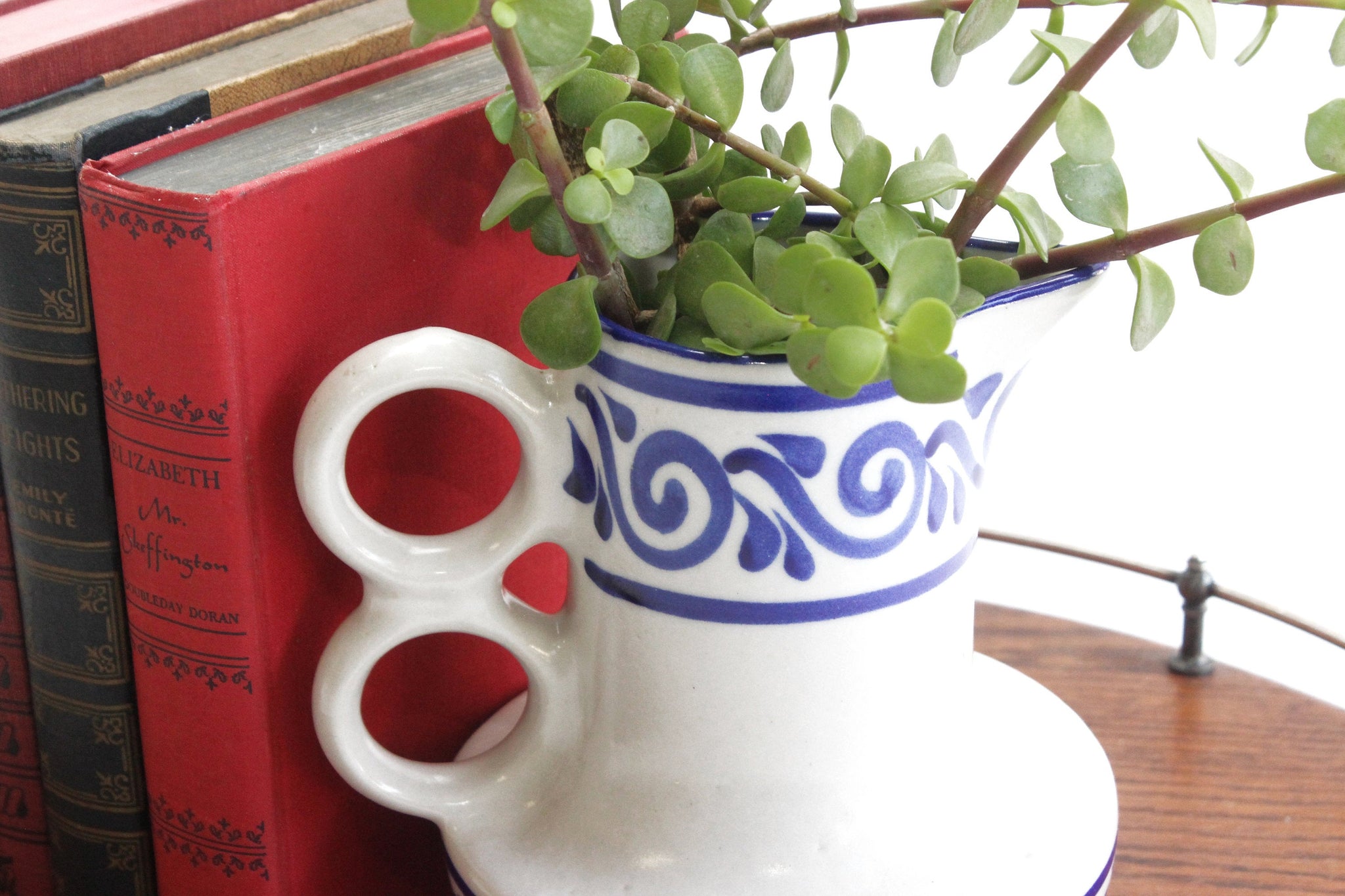 Mexican Stoneware Pitcher, Hand Painted Ceramic Vase, Blue & White Pottery