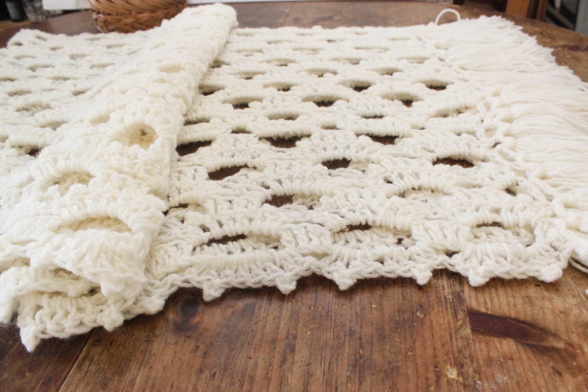 Vintage White Crochet Scarf, Knit Shoulder Wrap, Table Runner