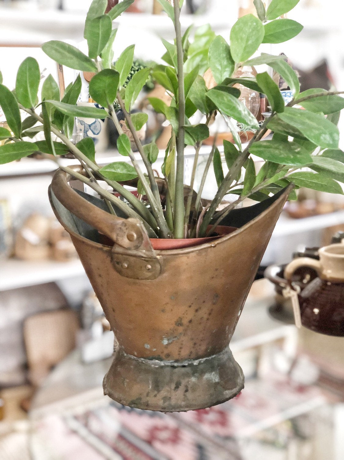 Farmhouse Style Decor, Antique Brass Bucket, Indoor Planter, Rustic Home Decor