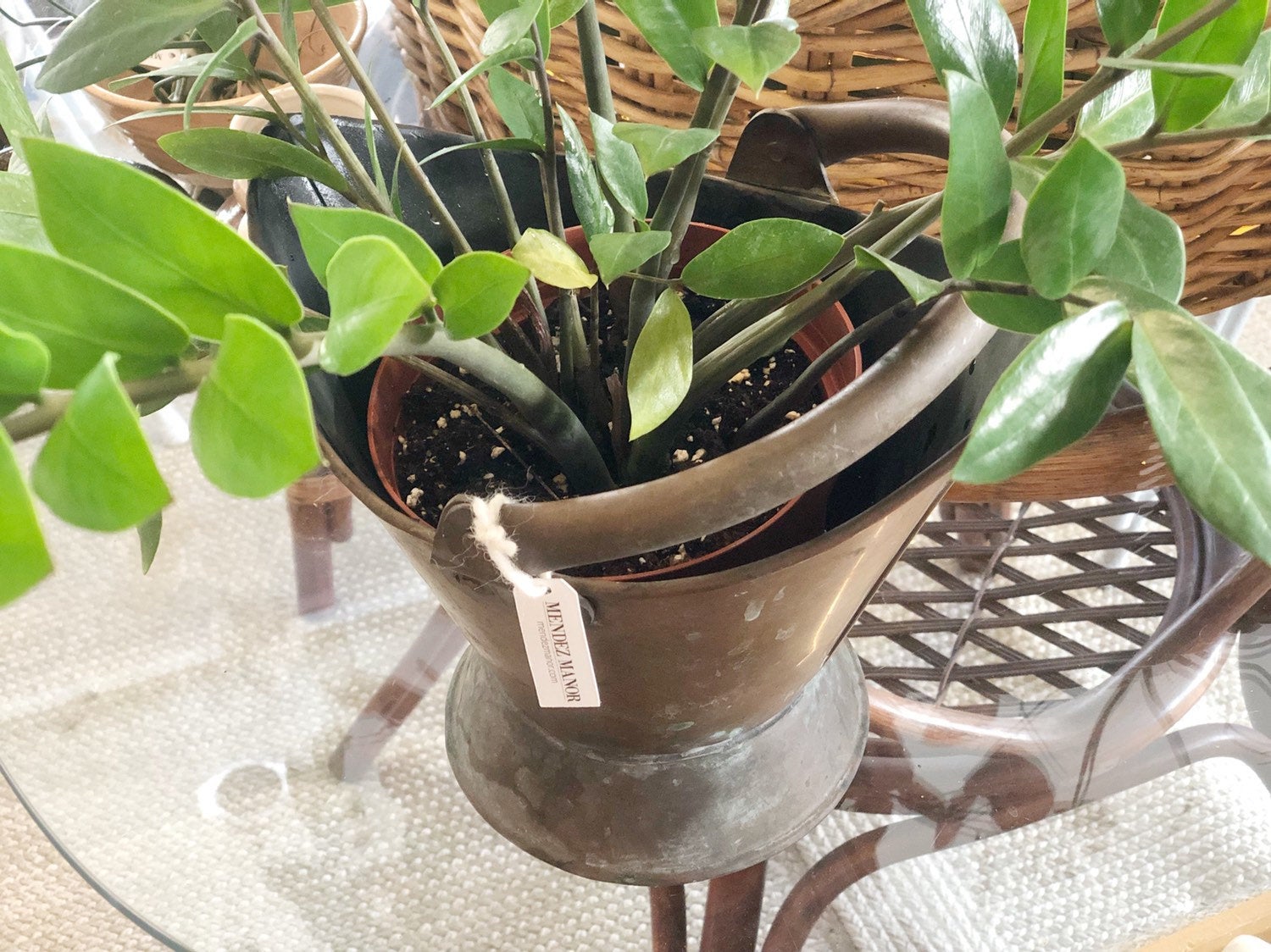 Farmhouse Style Decor, Antique Brass Bucket, Indoor Planter, Rustic Home Decor