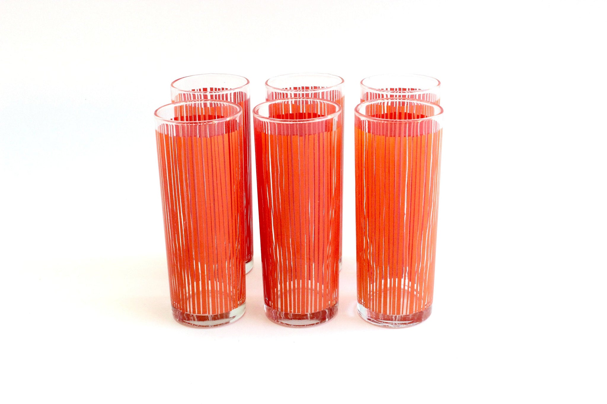 Set of 6 Orange & Red Drinking Glasses, 1970's Modern Water Tumblers, Skinny High Ball Glasses