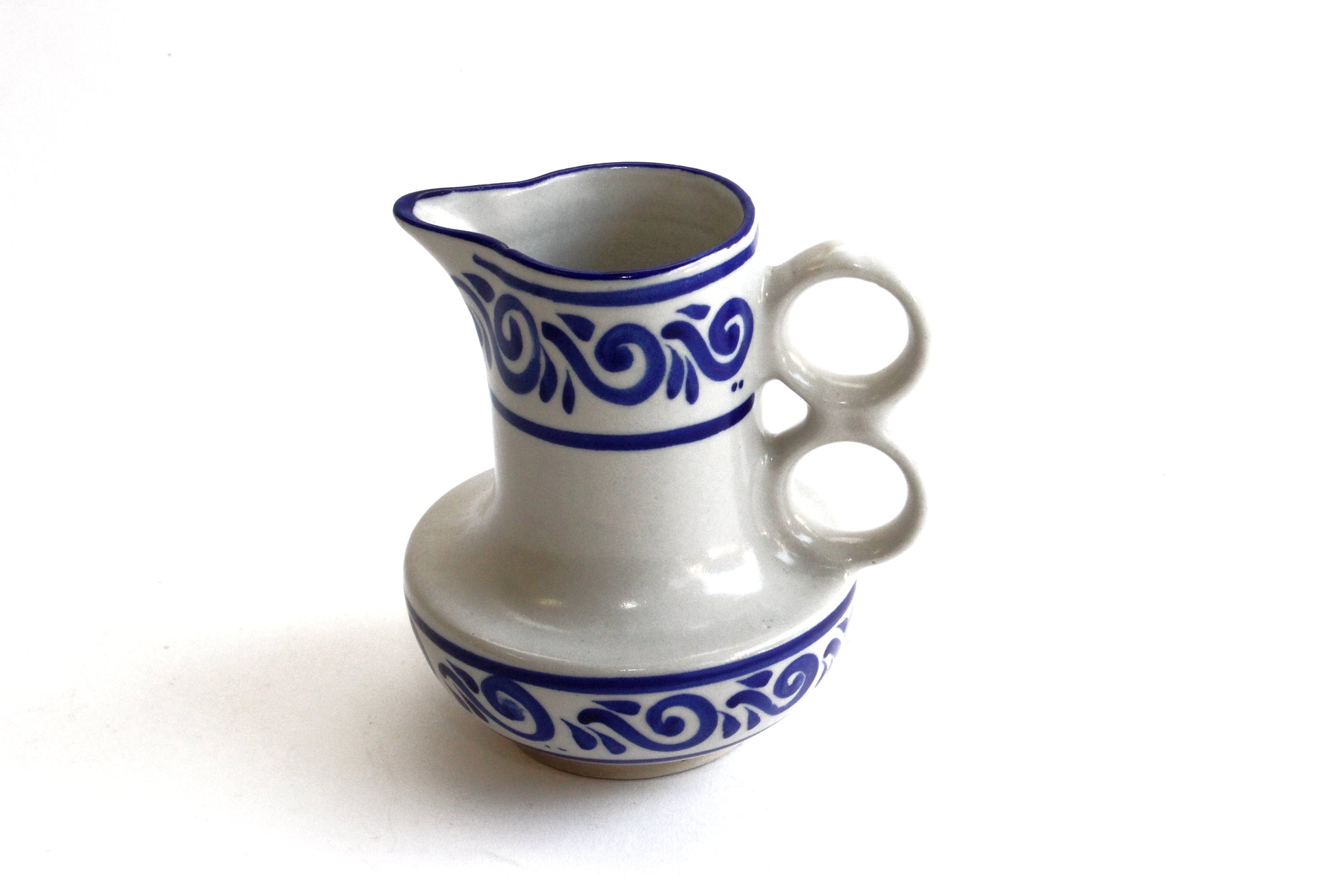 Mexican Stoneware Pitcher, Hand Painted Ceramic Vase, Blue & White Pottery