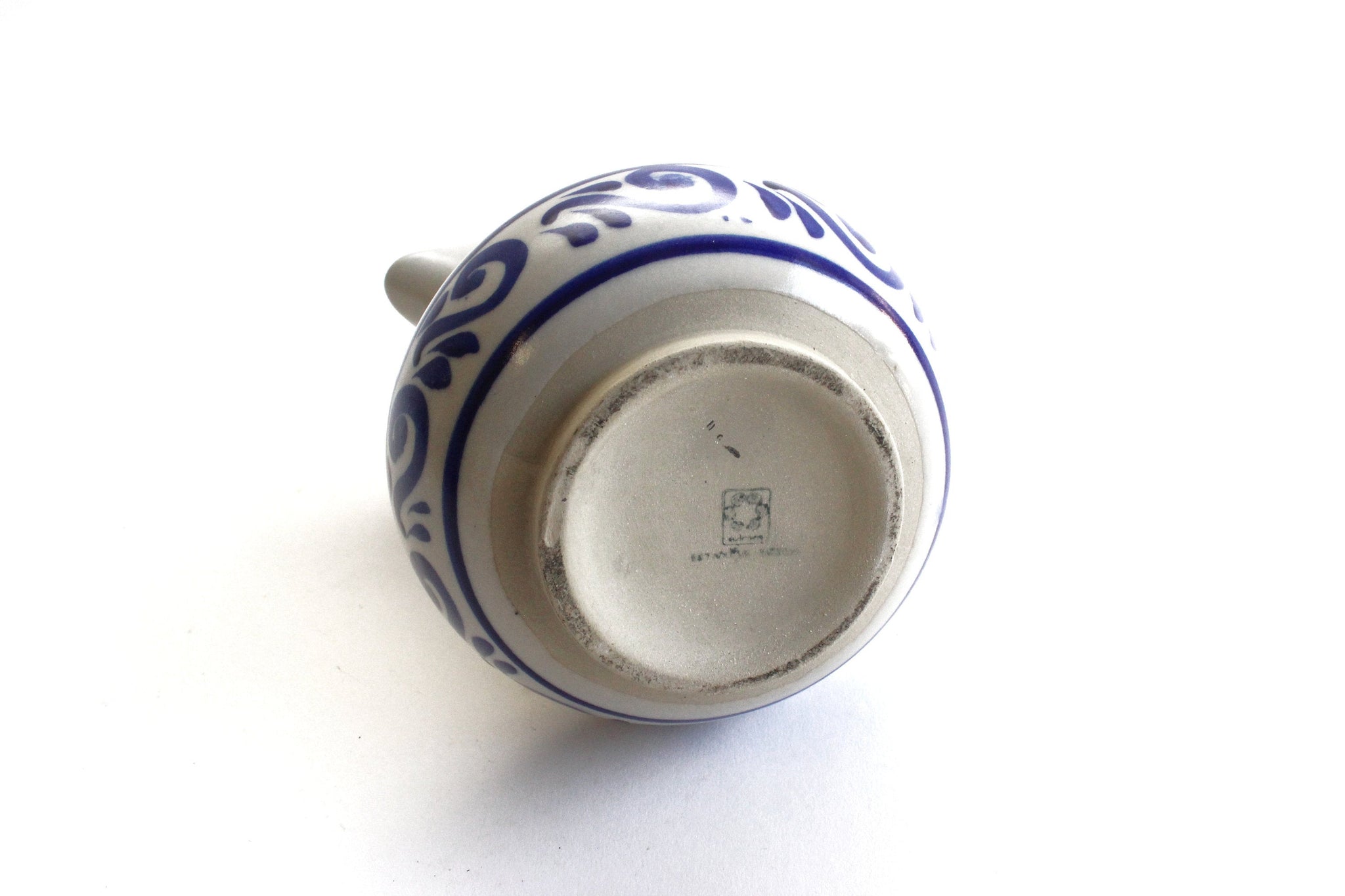Mexican Stoneware Pitcher, Hand Painted Ceramic Vase, Blue & White Pottery