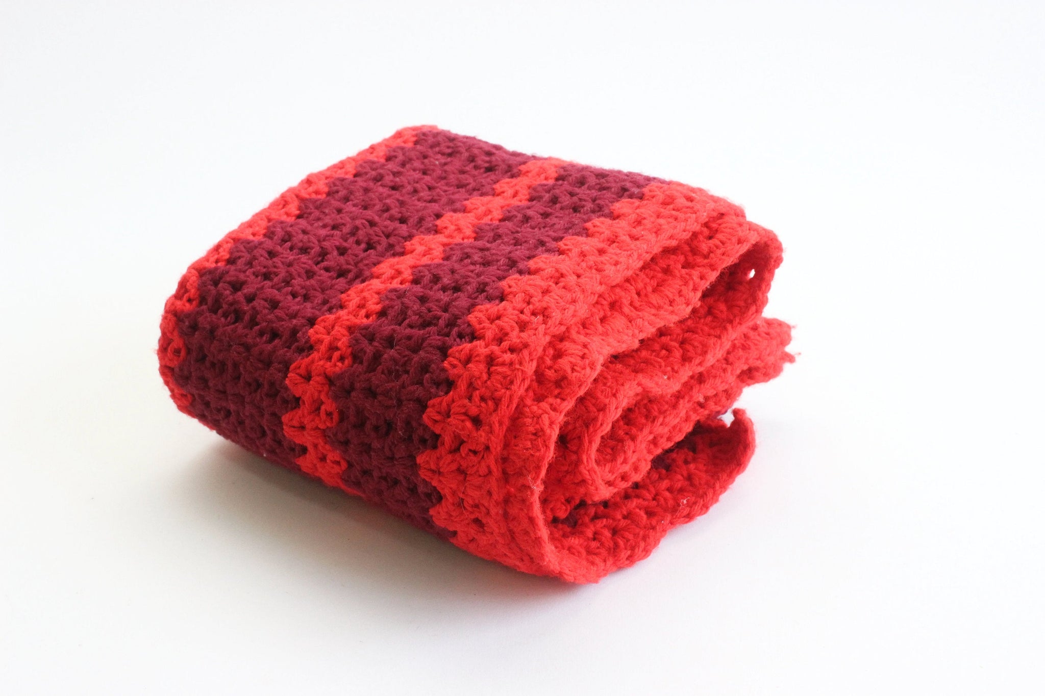 Vintage Knit Wool Baby Blanket, Maroon and Red Striped Blanket