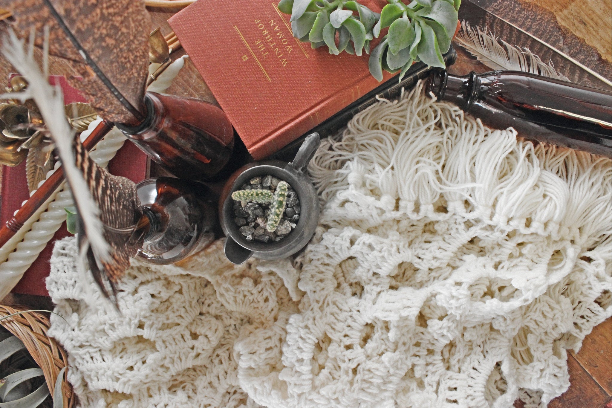 Vintage White Crochet Scarf, Knit Shoulder Wrap, Table Runner