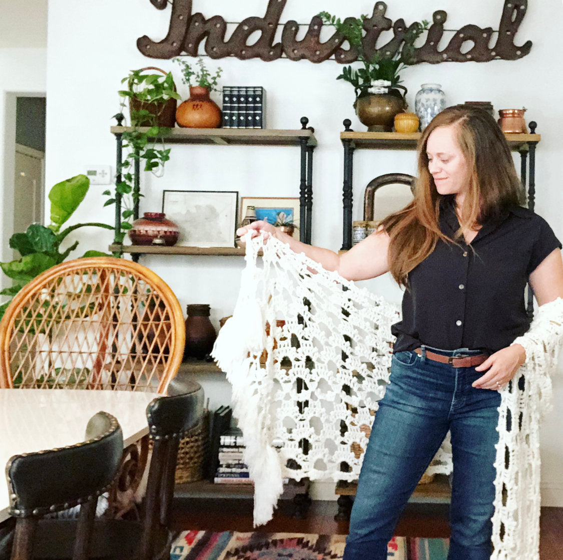 Vintage White Crochet Scarf, Knit Shoulder Wrap, Table Runner
