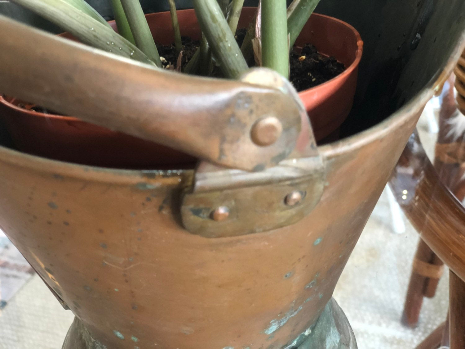 Farmhouse Style Decor, Antique Brass Bucket, Indoor Planter, Rustic Home Decor