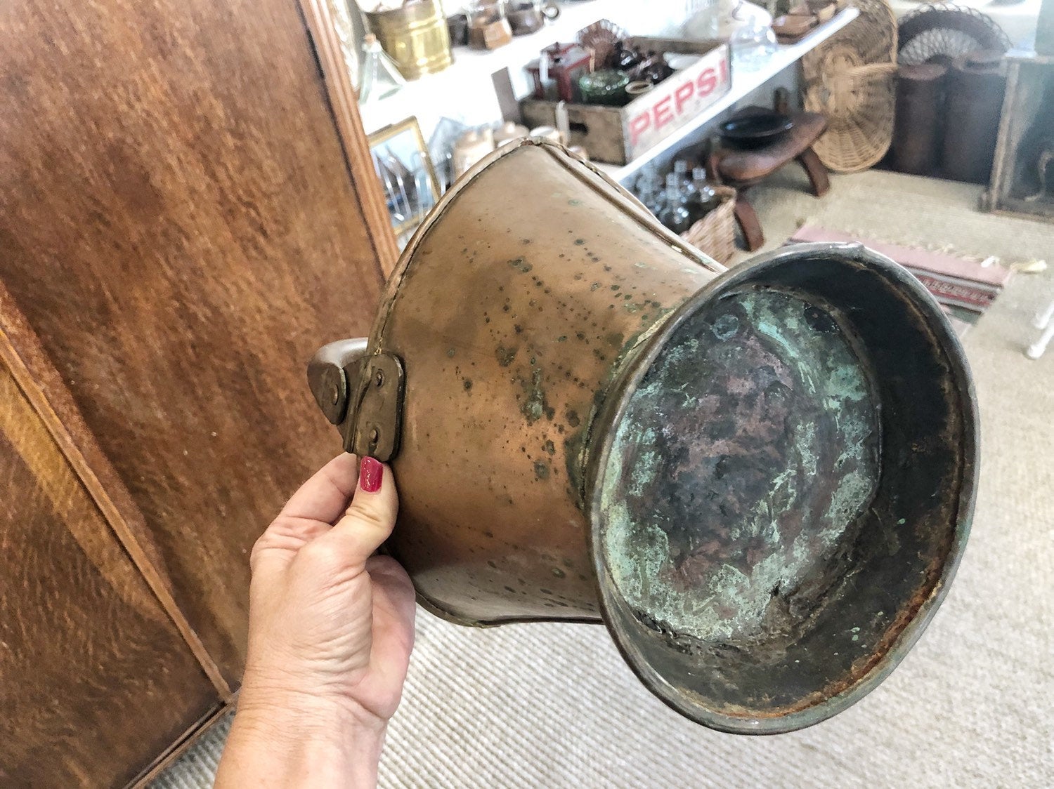 Farmhouse Style Decor, Antique Brass Bucket, Indoor Planter, Rustic Home Decor