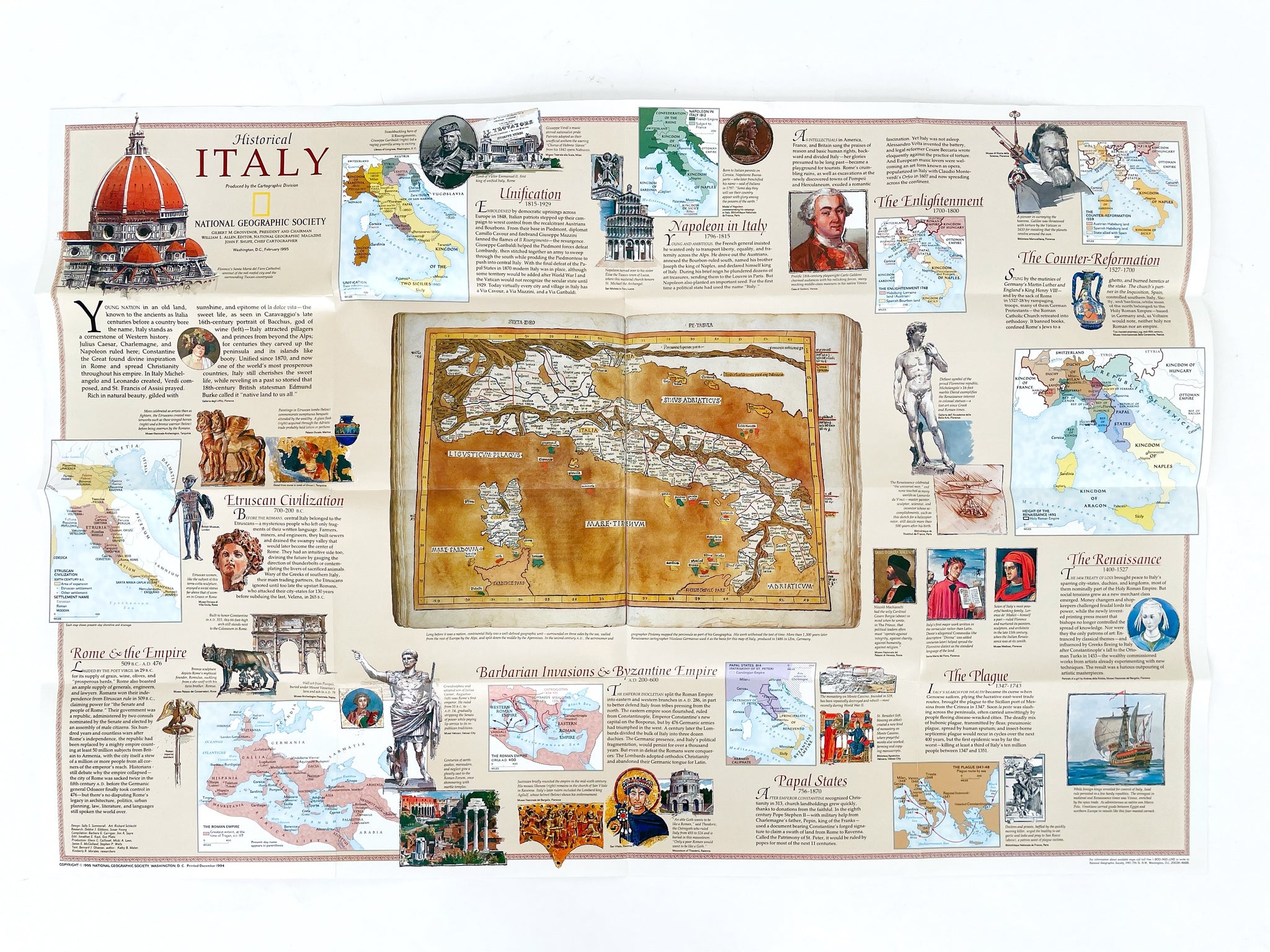 National Geographic Map of Italy, Vintage Paper Poster Map