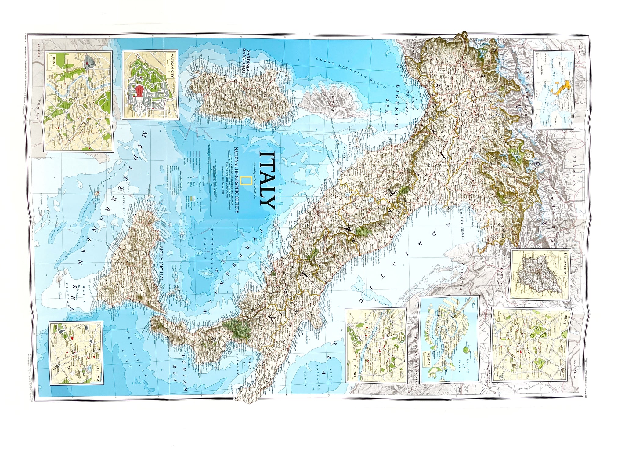 National Geographic Map of Italy, Vintage Paper Poster Map