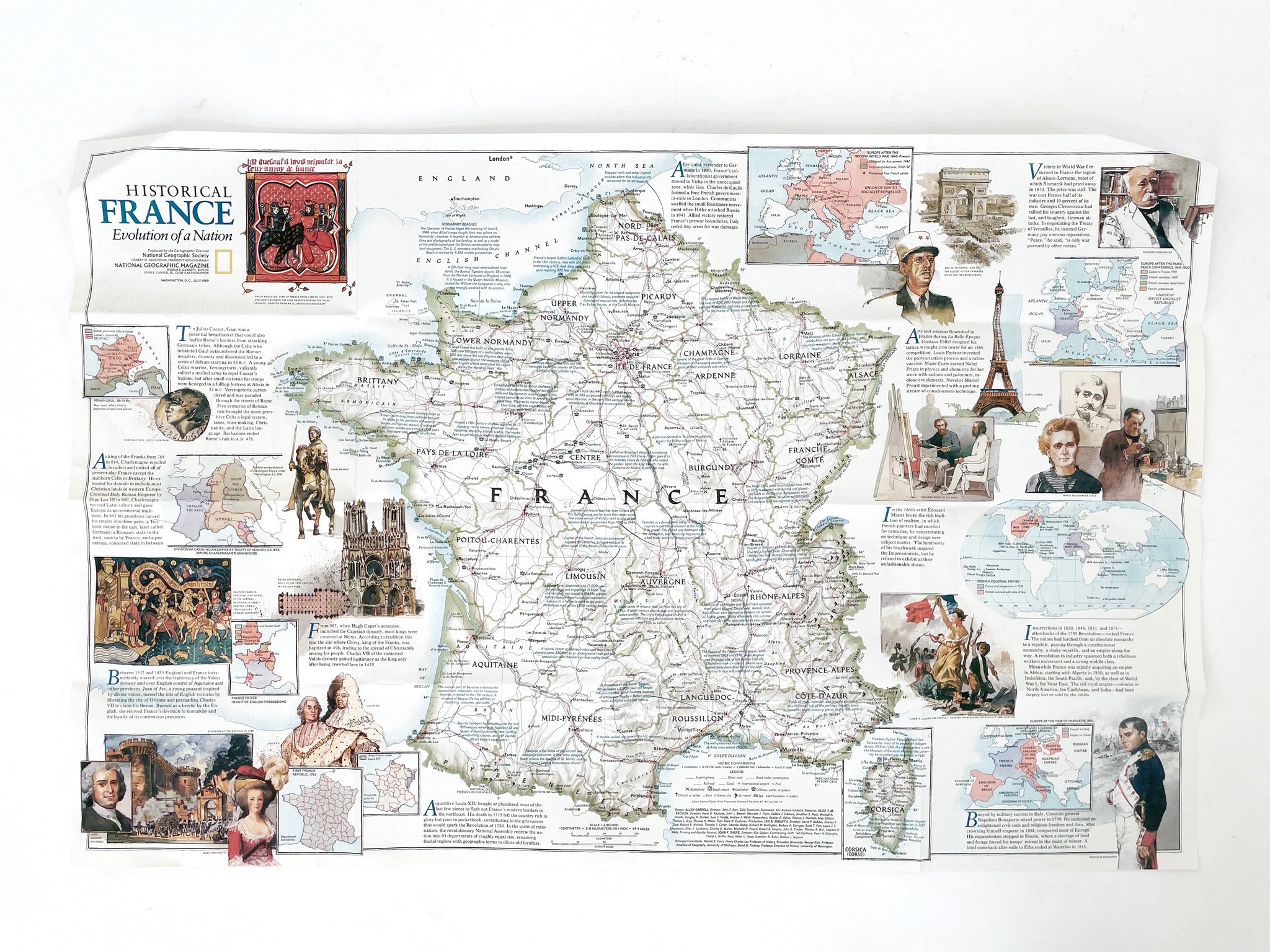 National Geographic Map of France, Vintage Paper Poster Map