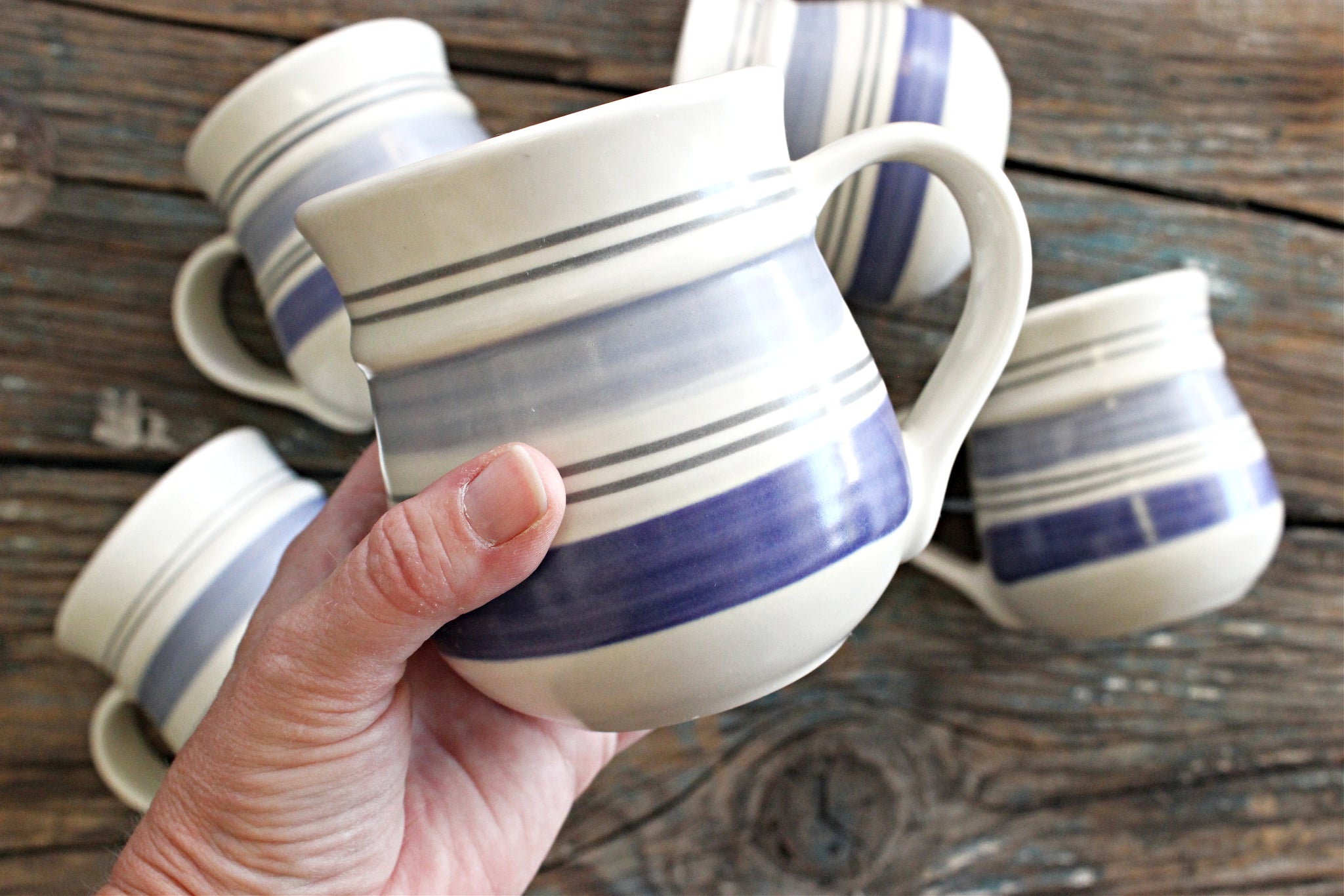 Set of 5 Large Blue & White Striped Mugs, Chunky Stoneware Coffee Mugs