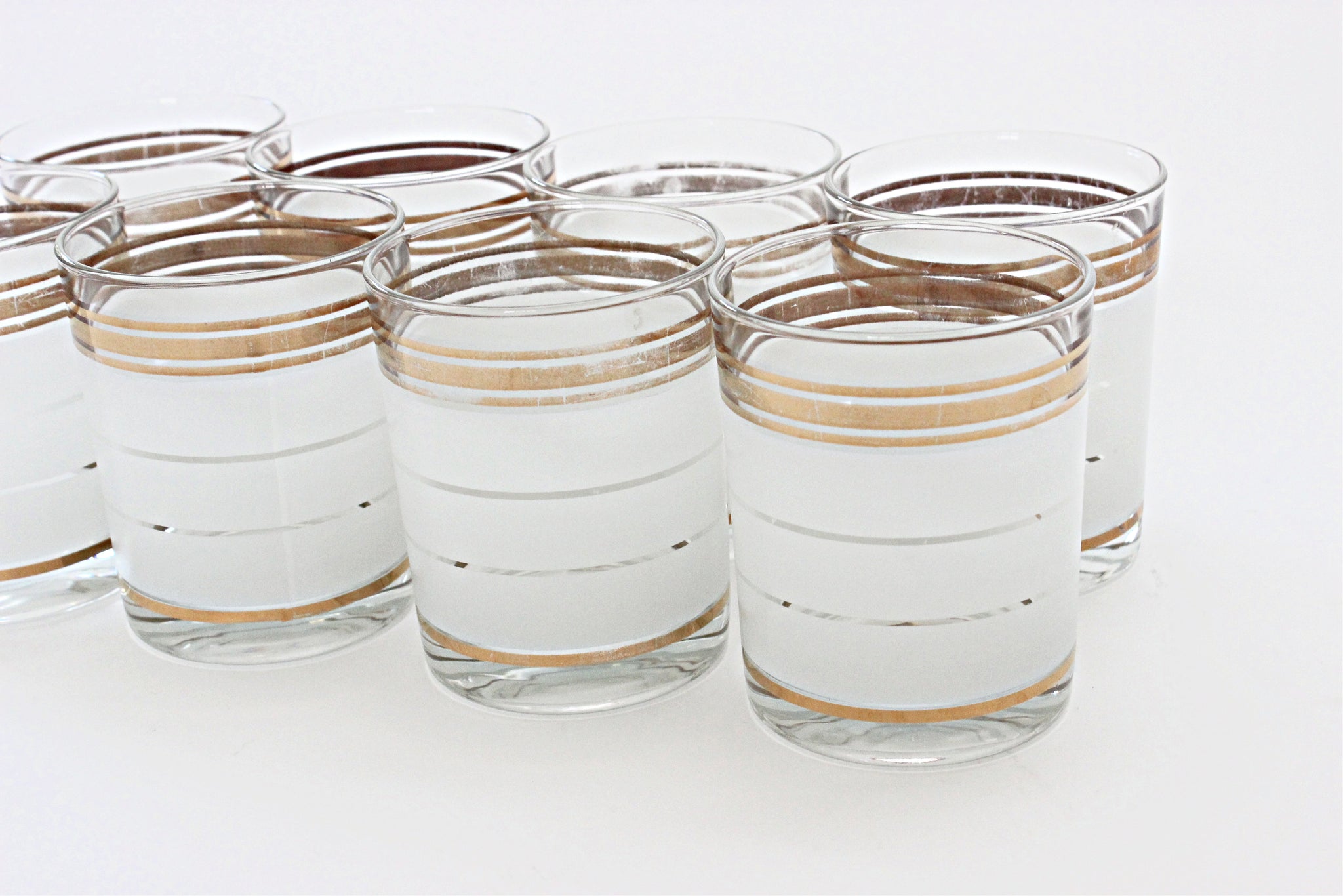 Mid Century Low Ball Glasses, Vintage Cocktail Glasses, White and Gold Drinking Glasses
