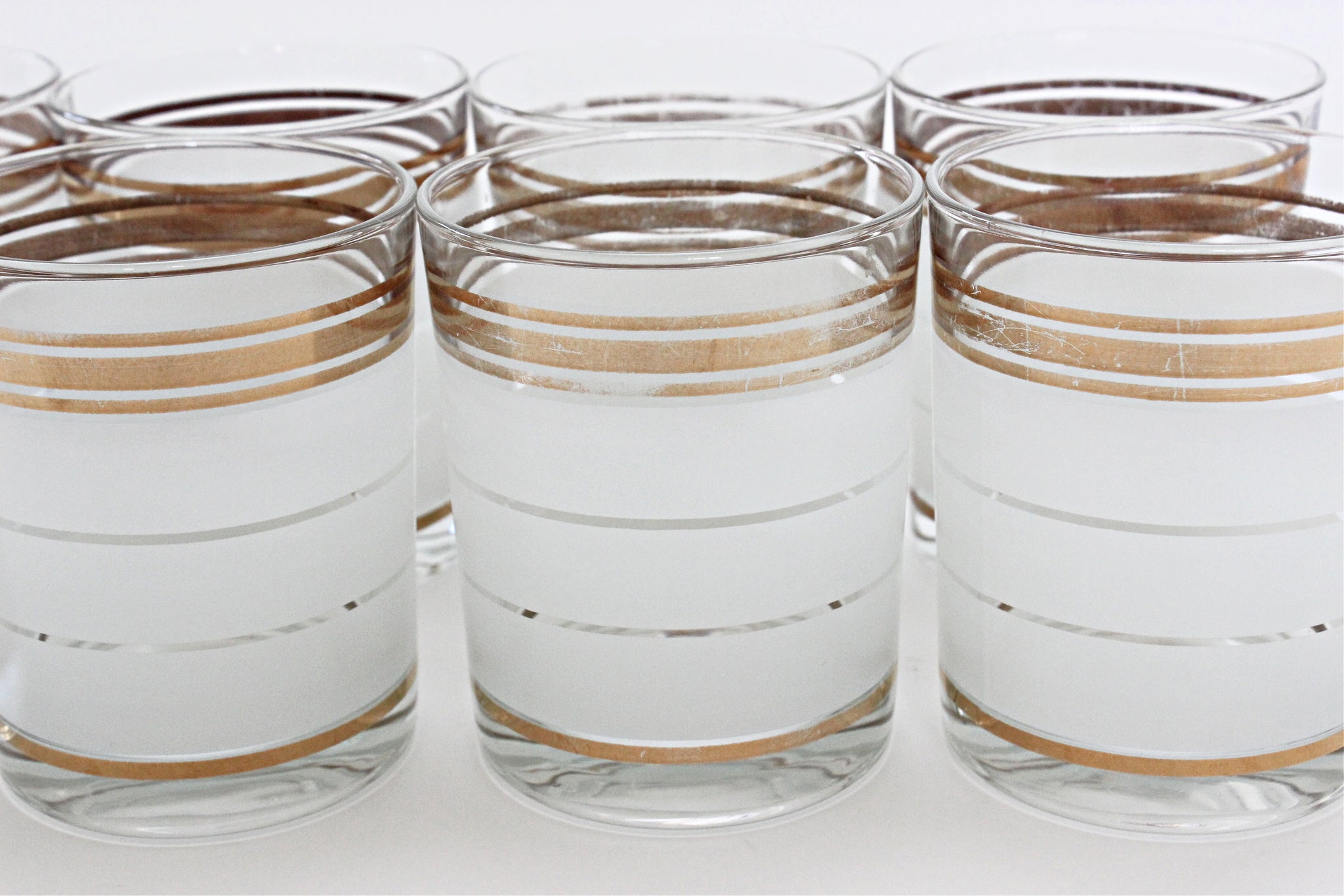 Mid Century Low Ball Glasses, Vintage Cocktail Glasses, White and Gold Drinking Glasses