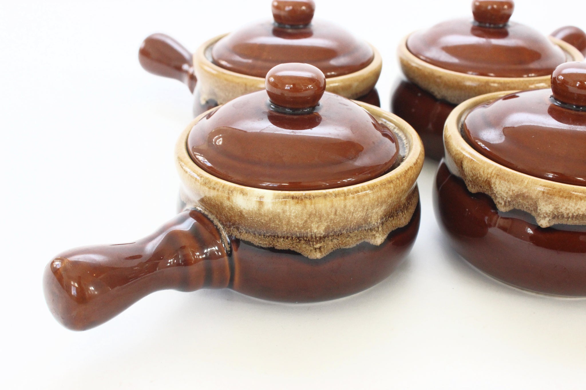 Vintage Stoneware Bowls with Lids, Mini Crock Pots, Set of 4