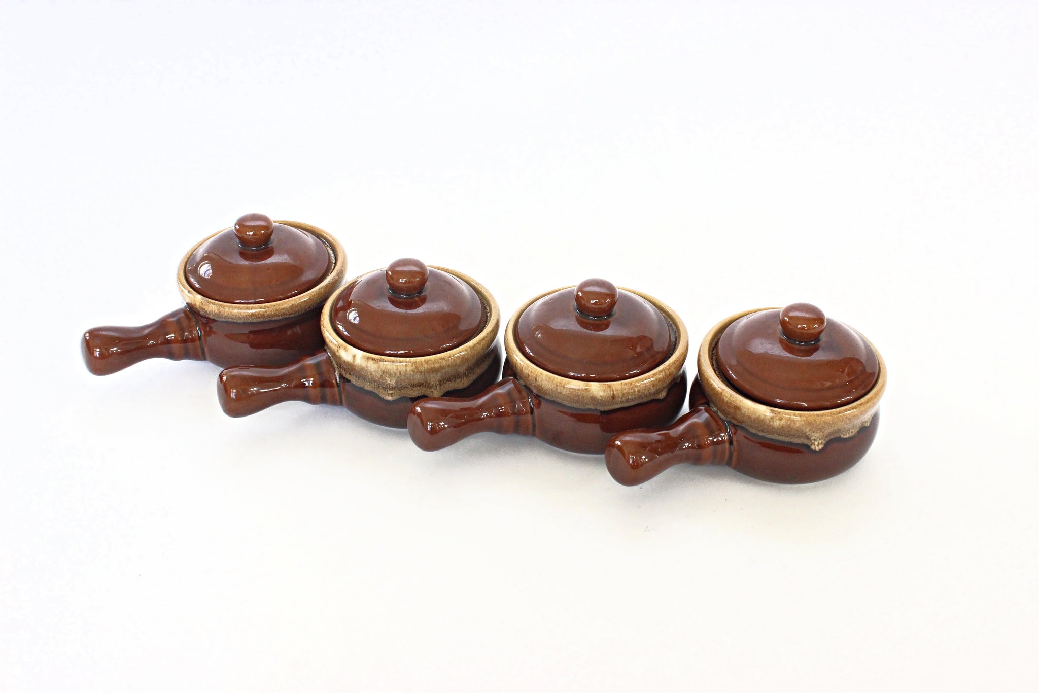 Vintage Stoneware Bowls with Lids, Mini Crock Pots, Set of 4