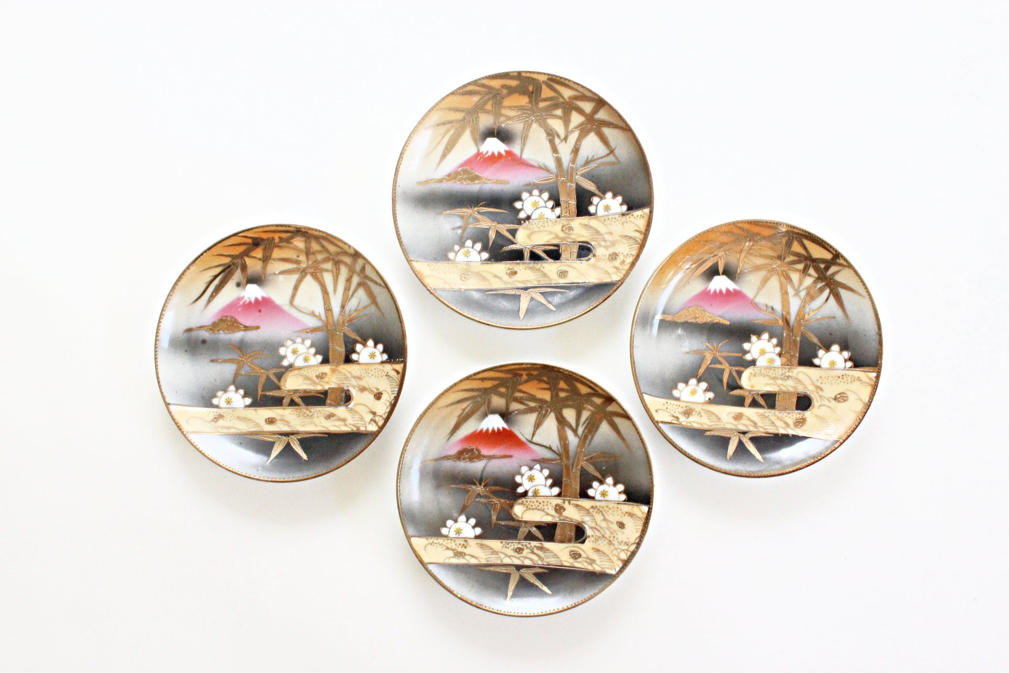 Small Porcelain Plates, Set of 4 Hand Painted Japanese Saucers