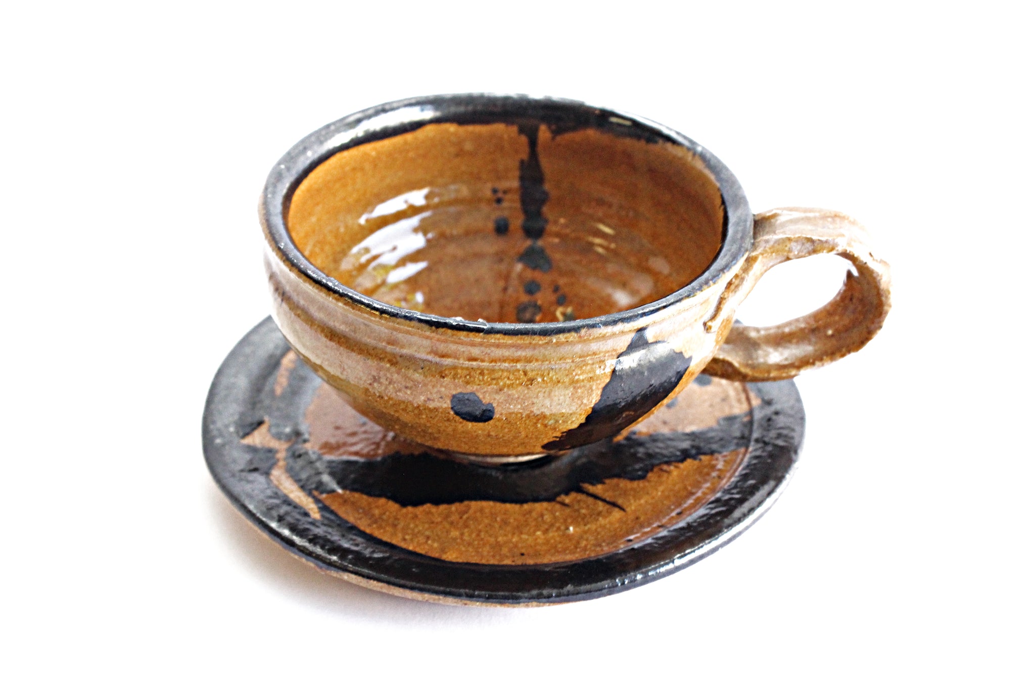 Vintage Stoneware Teacup and Saucer, 1970s Hand Made Kitchenware