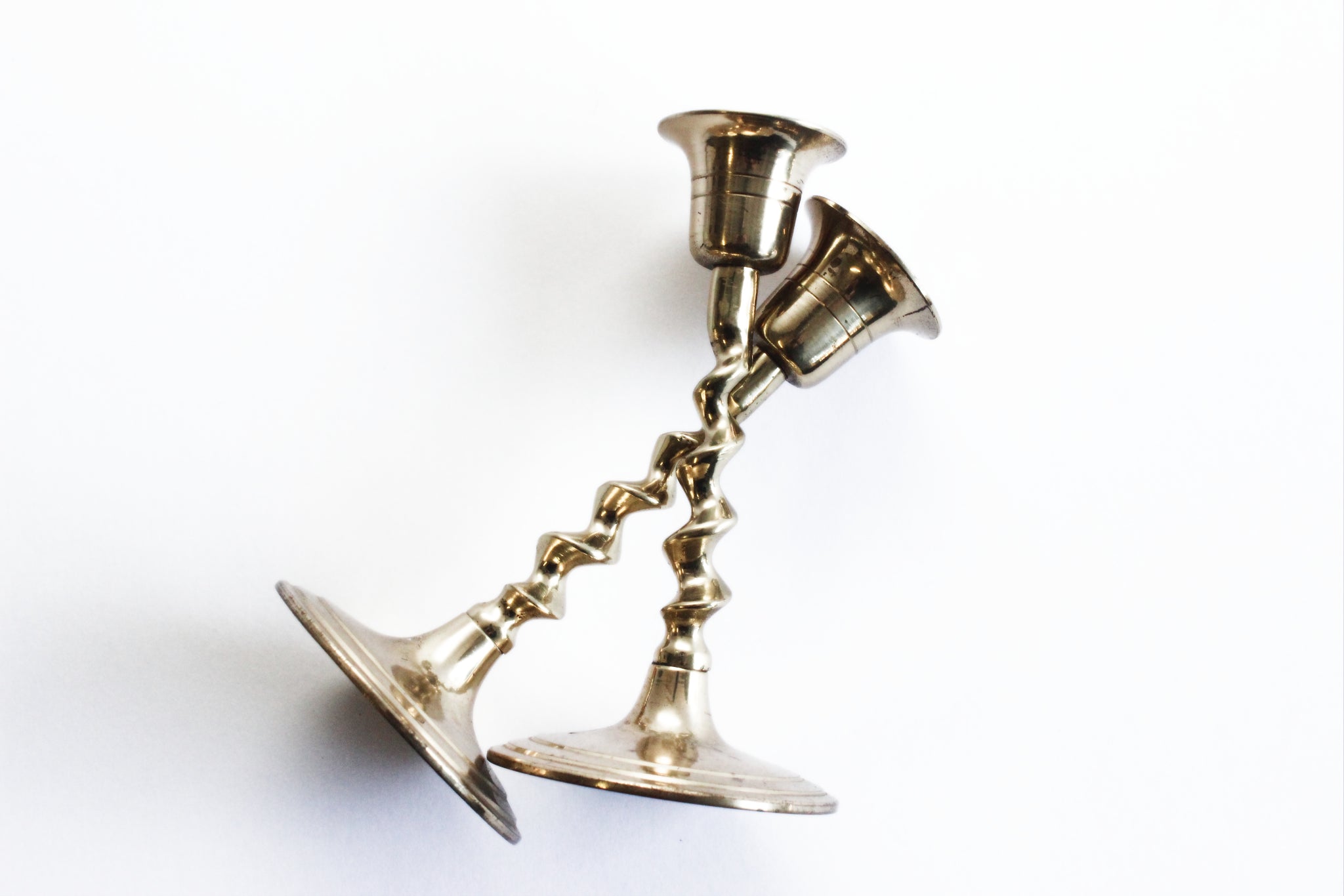 Twisted Brass Candlestick Holders, Pair of 2 Mid Century Candlestick Holders