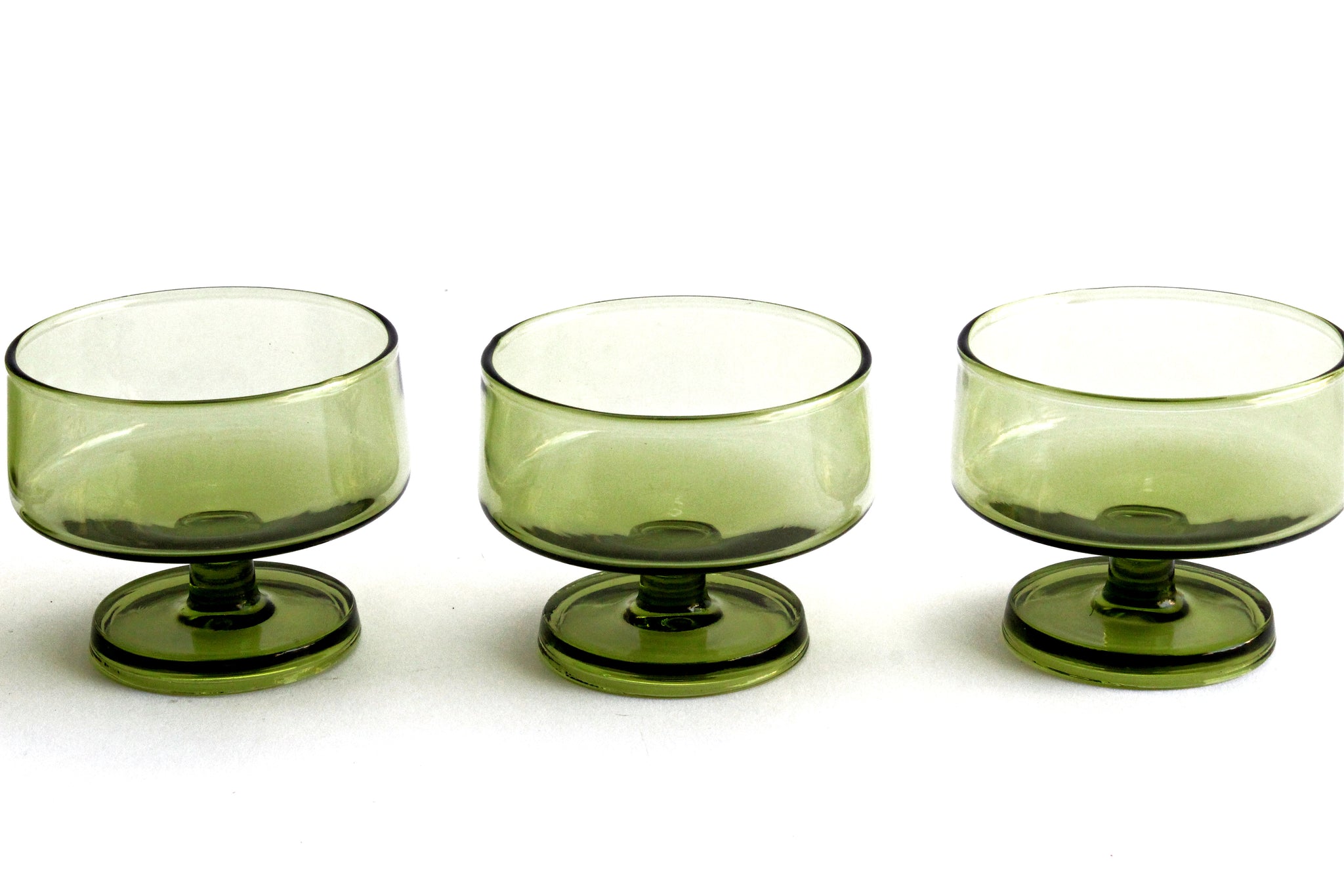 Set of 4 1970's Green Glass Dessert Bowls, Small Round Pedestal Dishes