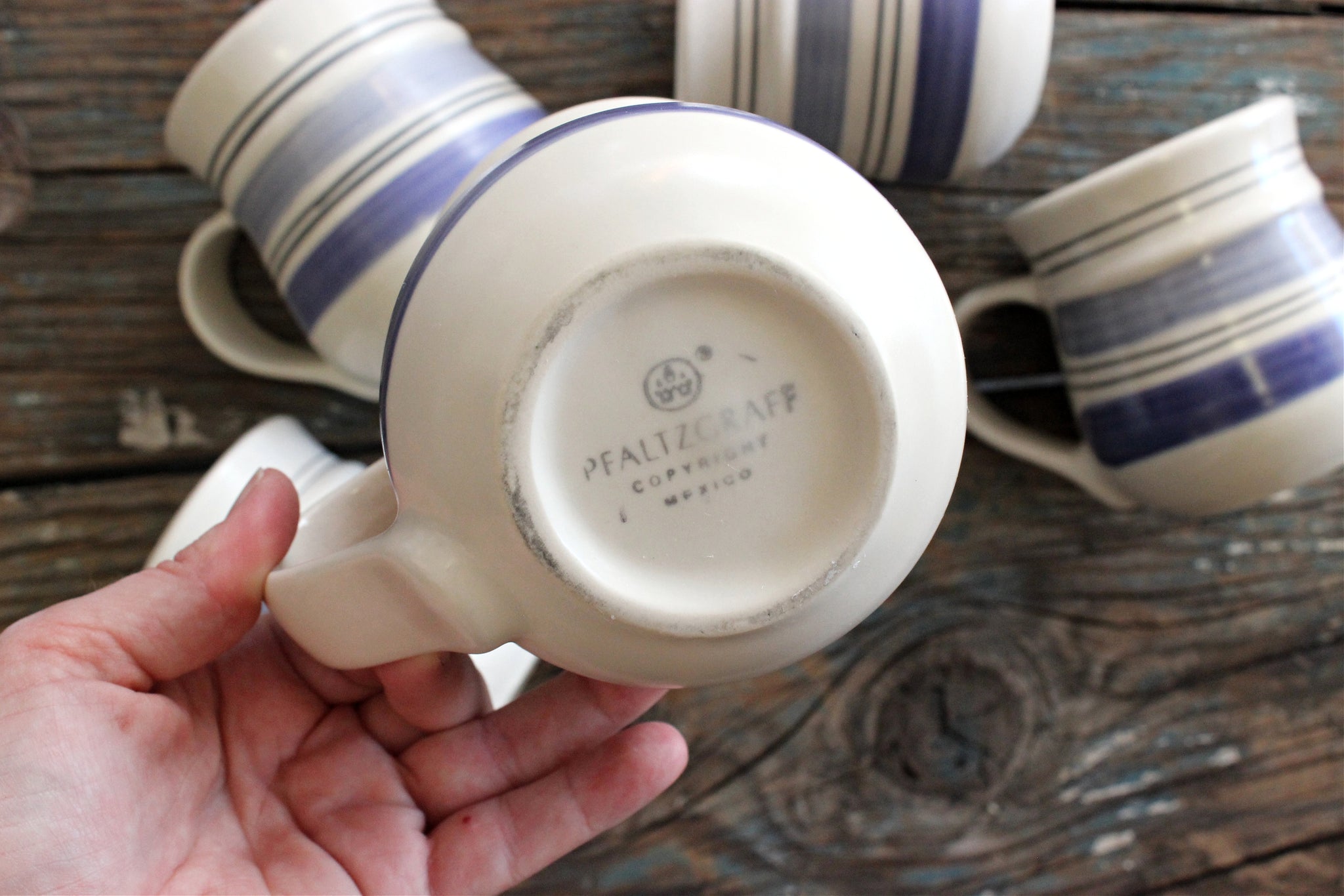 Set of 5 Large Blue & White Striped Mugs, Chunky Stoneware Coffee Mugs