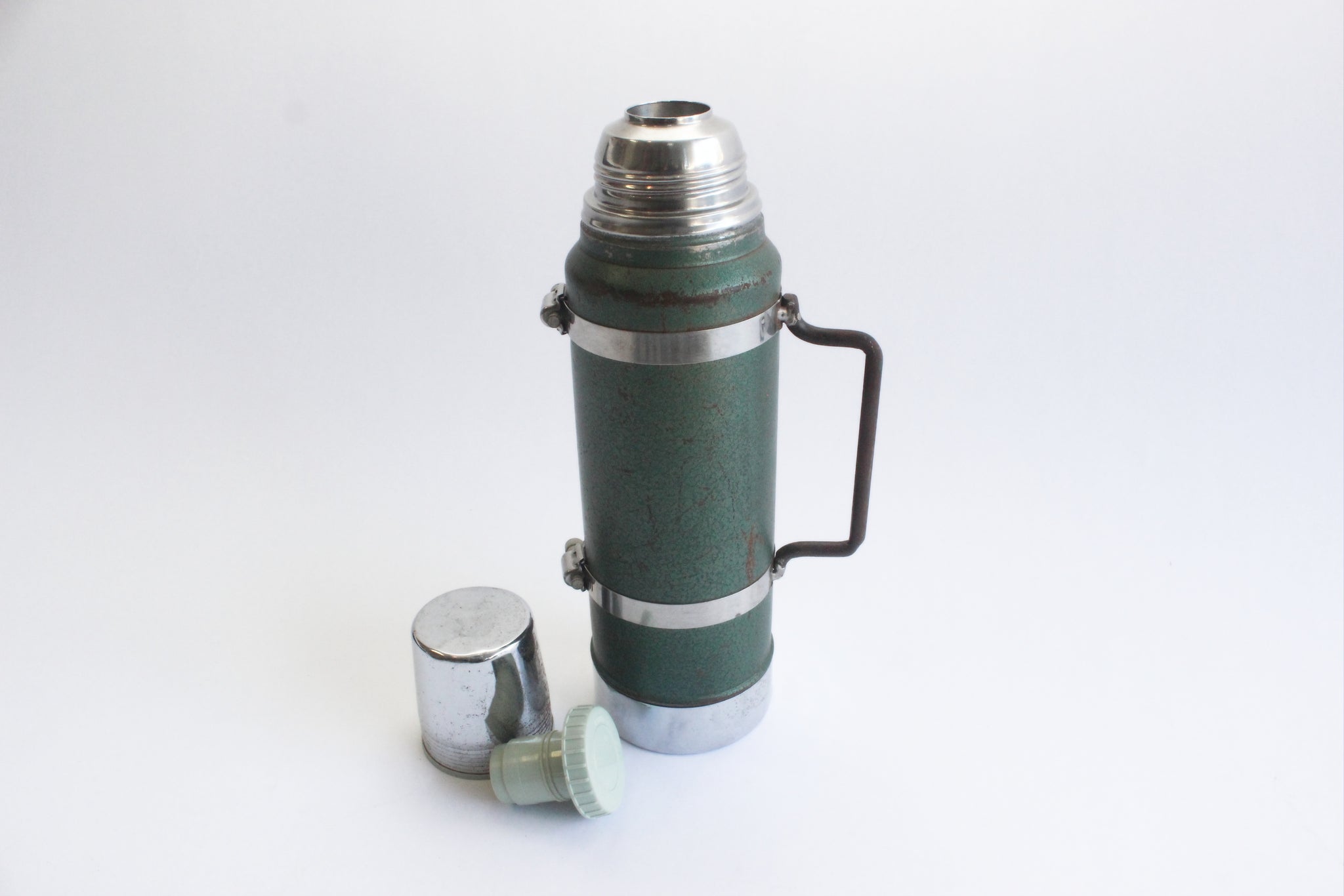 Green Metal Aladdin Stanley Thermos, Vintage Camping Gear