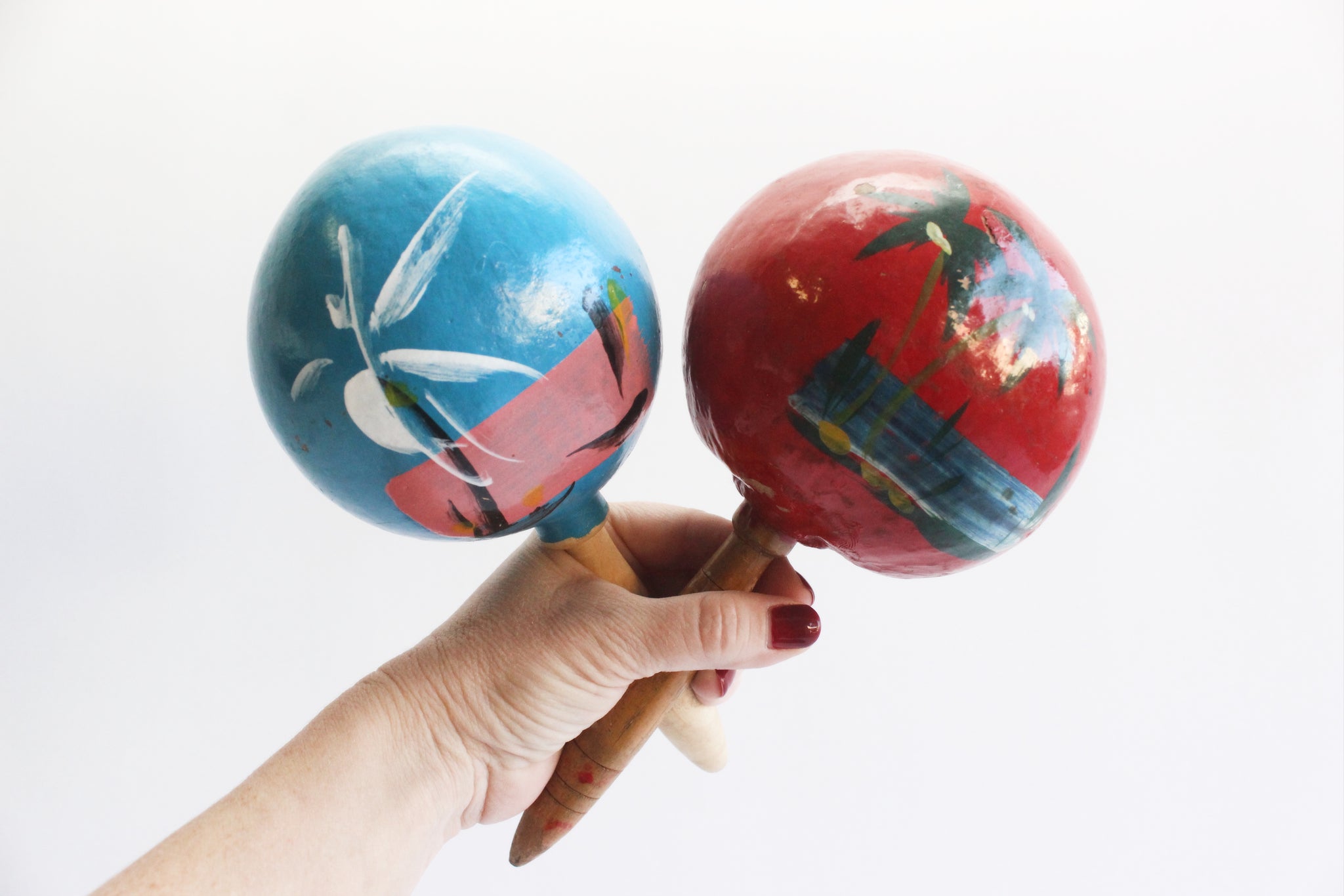 Vintage Coconut Shell Maracas, Hand Painted Maracas