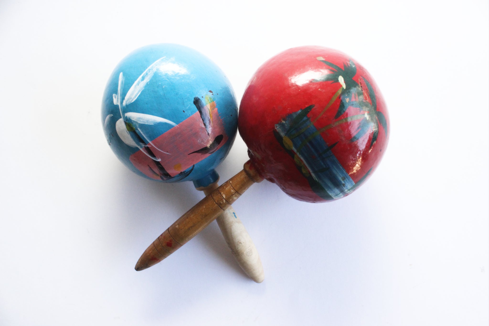 Vintage Coconut Shell Maracas, Hand Painted Maracas