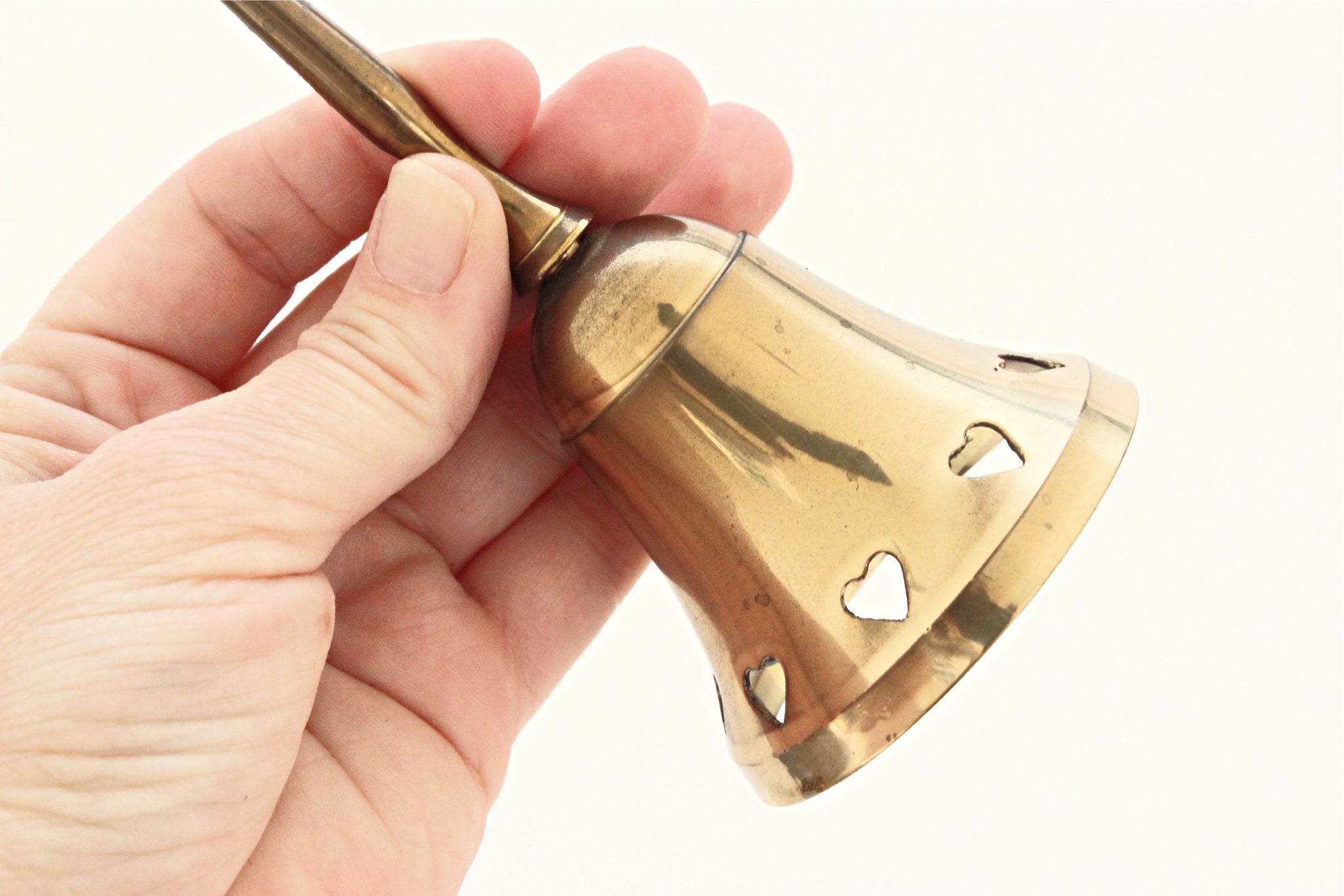 Vintage Brass Bell, Hand Bell with Heart Shaped Cut-Outs