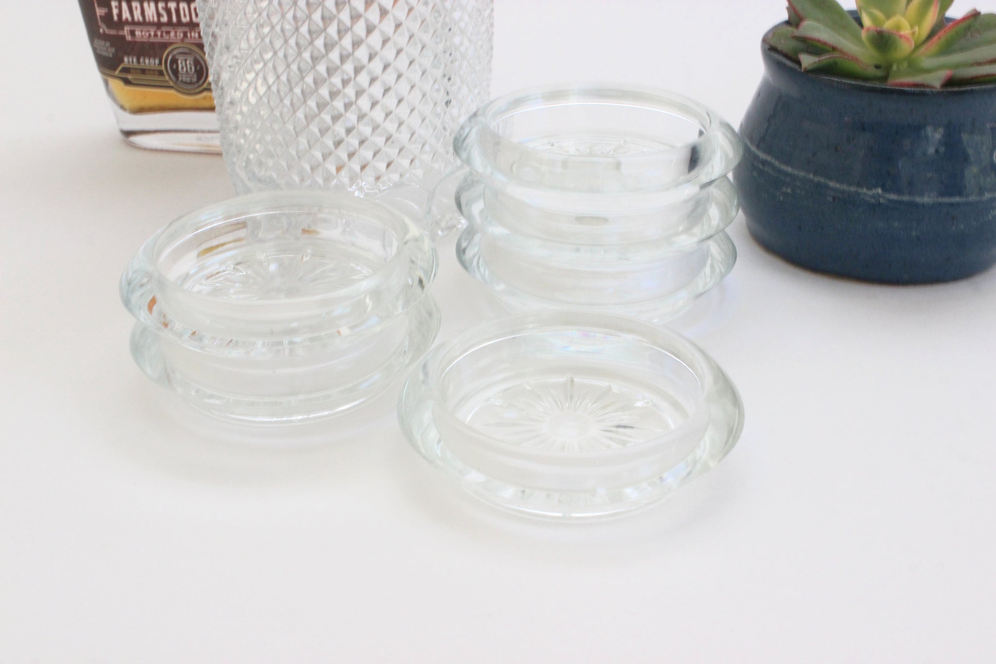 Vintage Glass Coasters, Set of 6 Clear Glass Drink Coasters