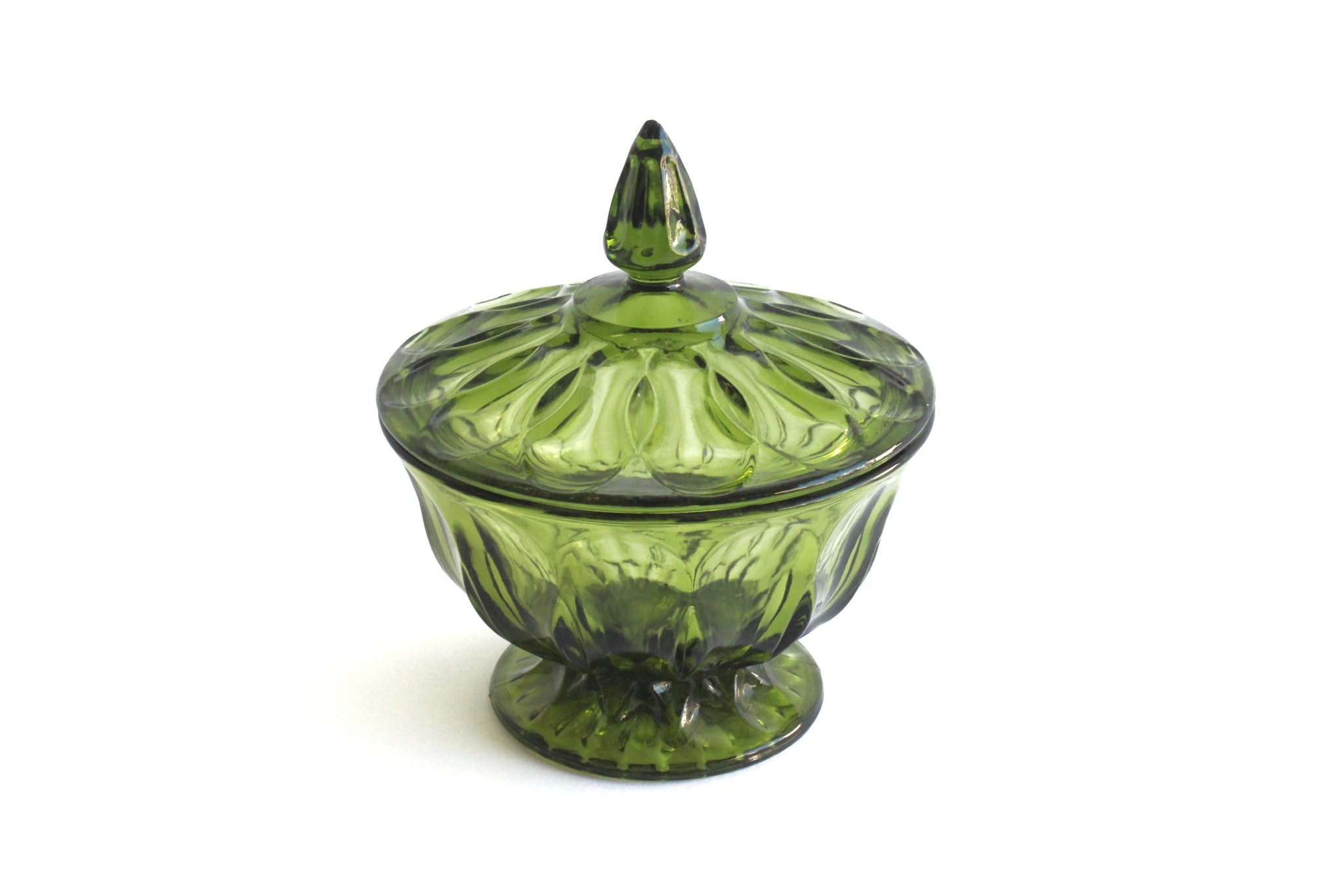 Green Depression Glass, Vintage Candy Bowl with Lid