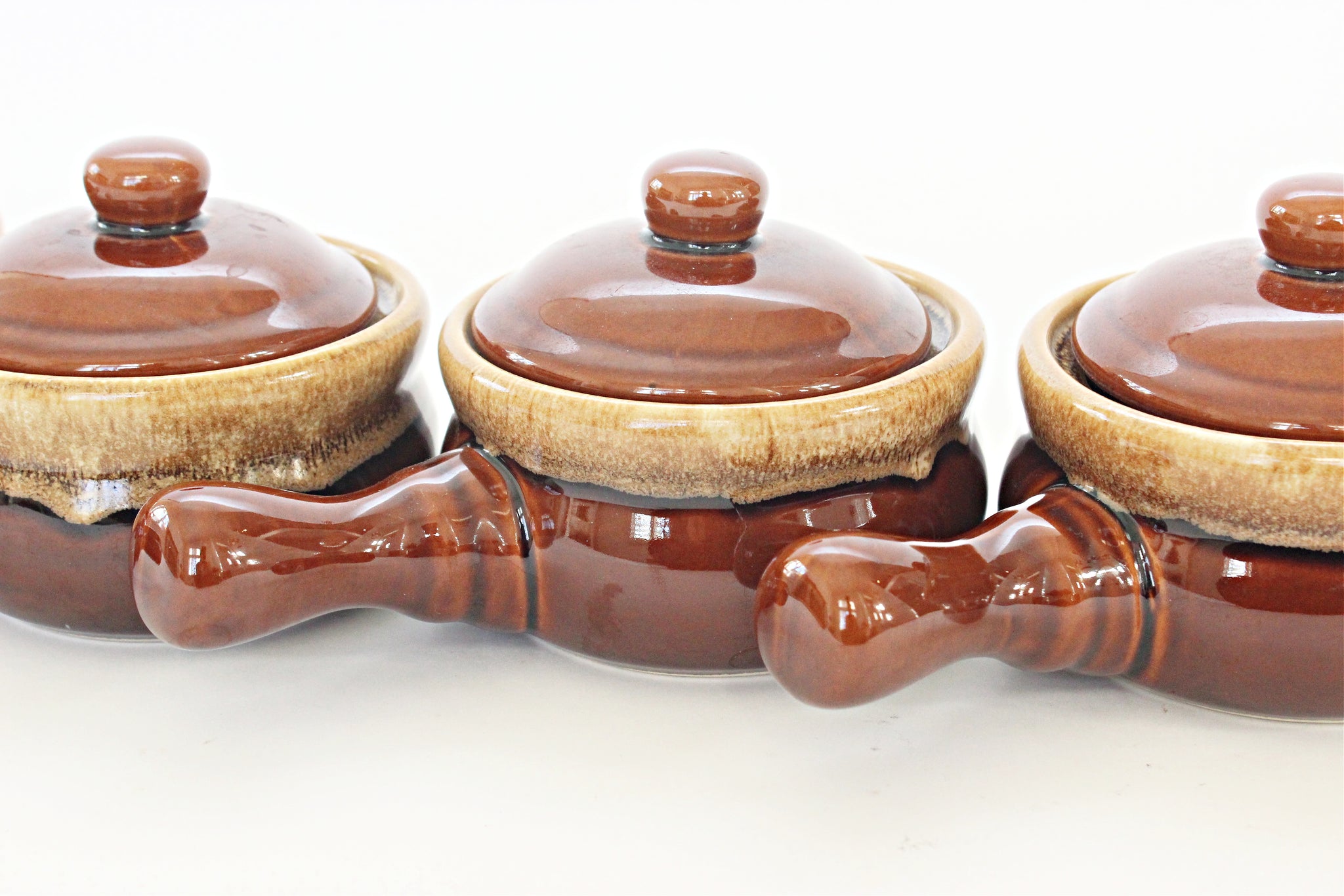 Vintage Stoneware Bowls with Lids, Mini Crock Pots, Set of 4