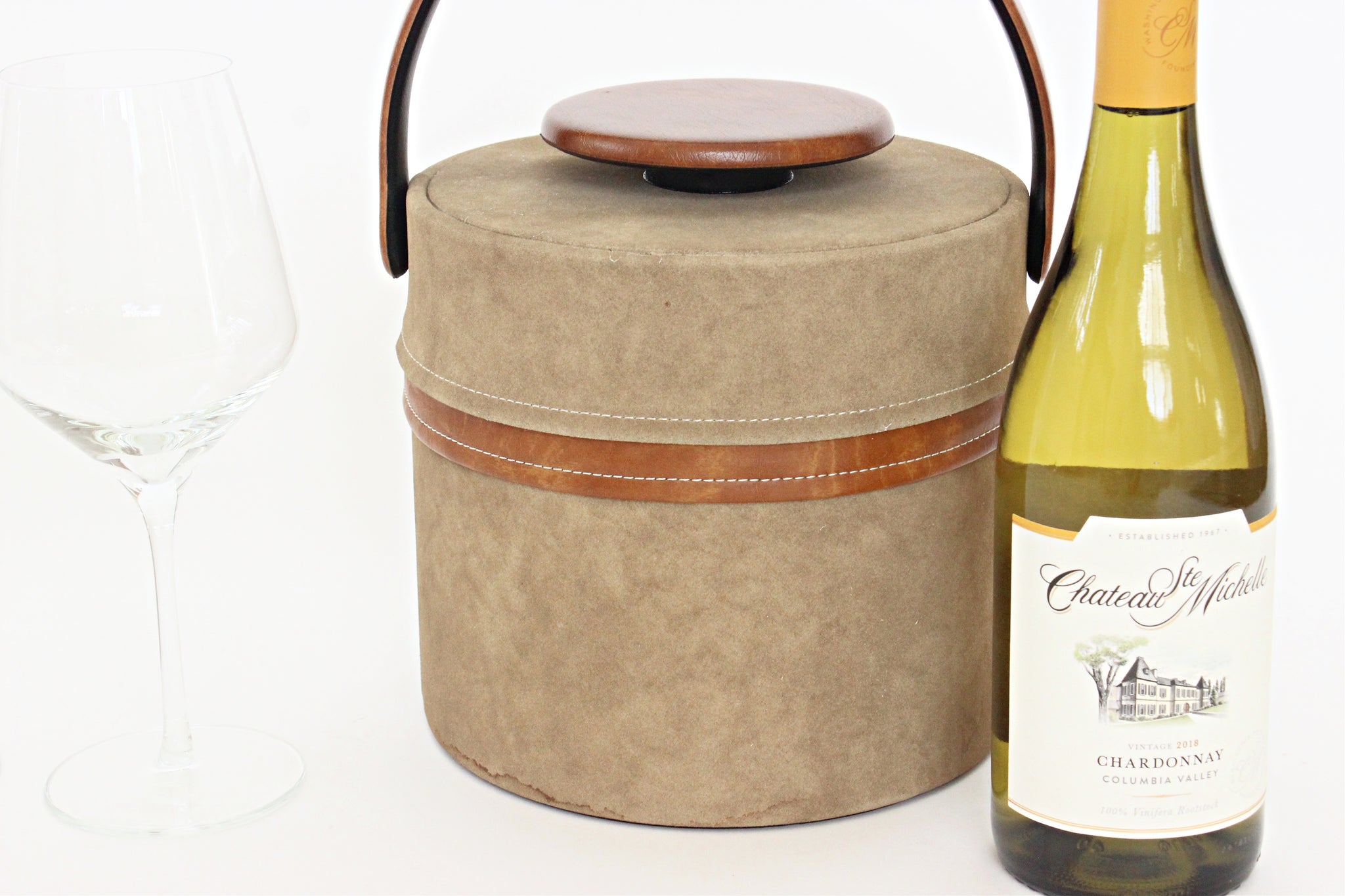 Suede and Leather Ice Bucket, Vintage Barware